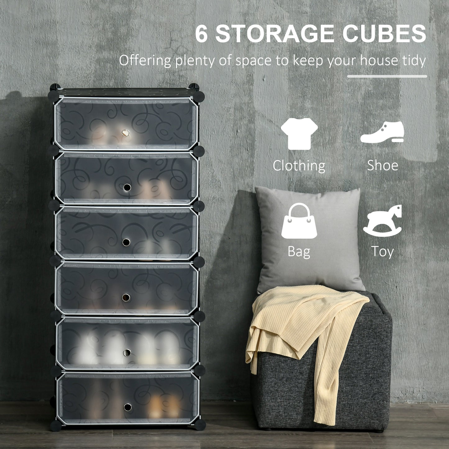 HOMCOM 6-Tier Shoe Rack, 6 Cube Storage Organizer with Doors, DIY 6-Cube Modular Cabinet for Living Room, Black