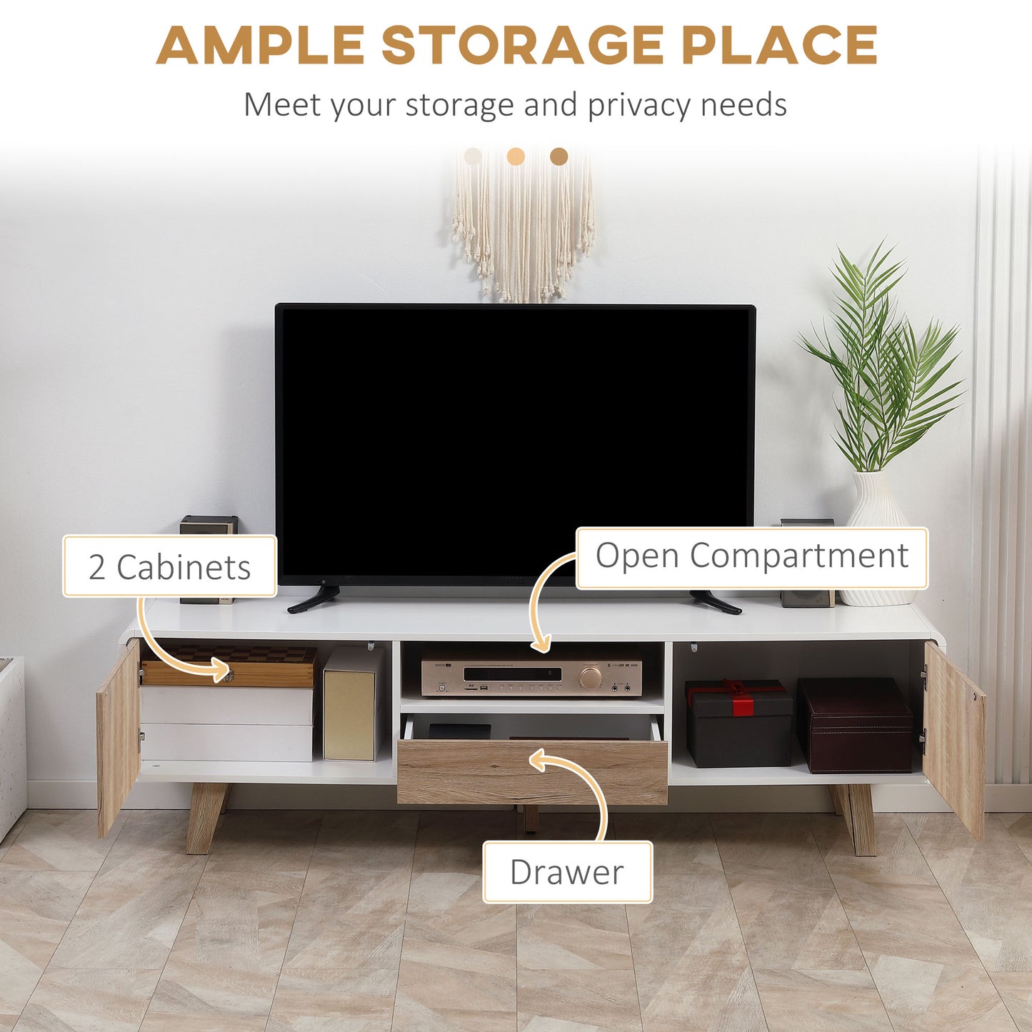 HOMCOM Modern TV Stand Cabinet for TVs up to 72" Flat Screen with Push-open Drawer, Storage Compartment and Cable Management, Rounded-edge Entertainment Center for Living Room, Bedroom