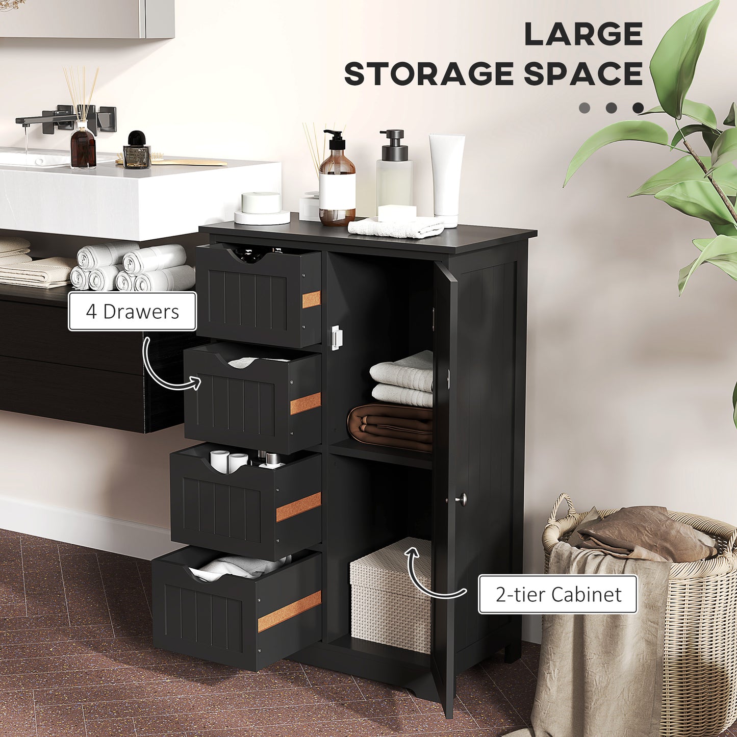 kleankin Bathroom Storage Cabinet, Floor Cabinet with Adjustable Shelf and 4 Drawers, Side Cabinet for Washroom, White