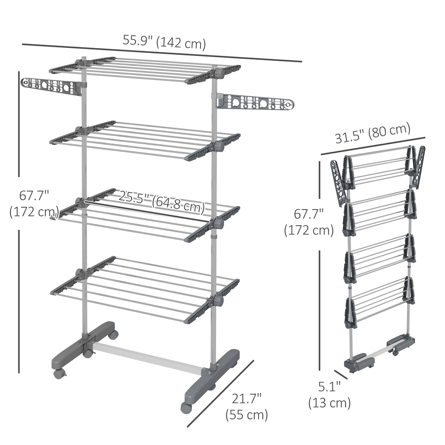 HOMCOM Garment Drying Rack Stainless Steel Folding Clothes Hanging Rack with Side Wings Castors for Indoor Outdoor Grey