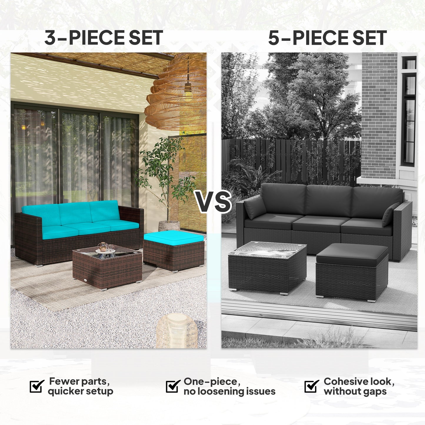 Outsunny 3 Pieces Patio Furniture Set with Cushions, Outdoor PE Rattan Wicker Conversation Corner Sofa Set with Glass Top Table and Adjustable Foot for Garden, Lawn, Cream White