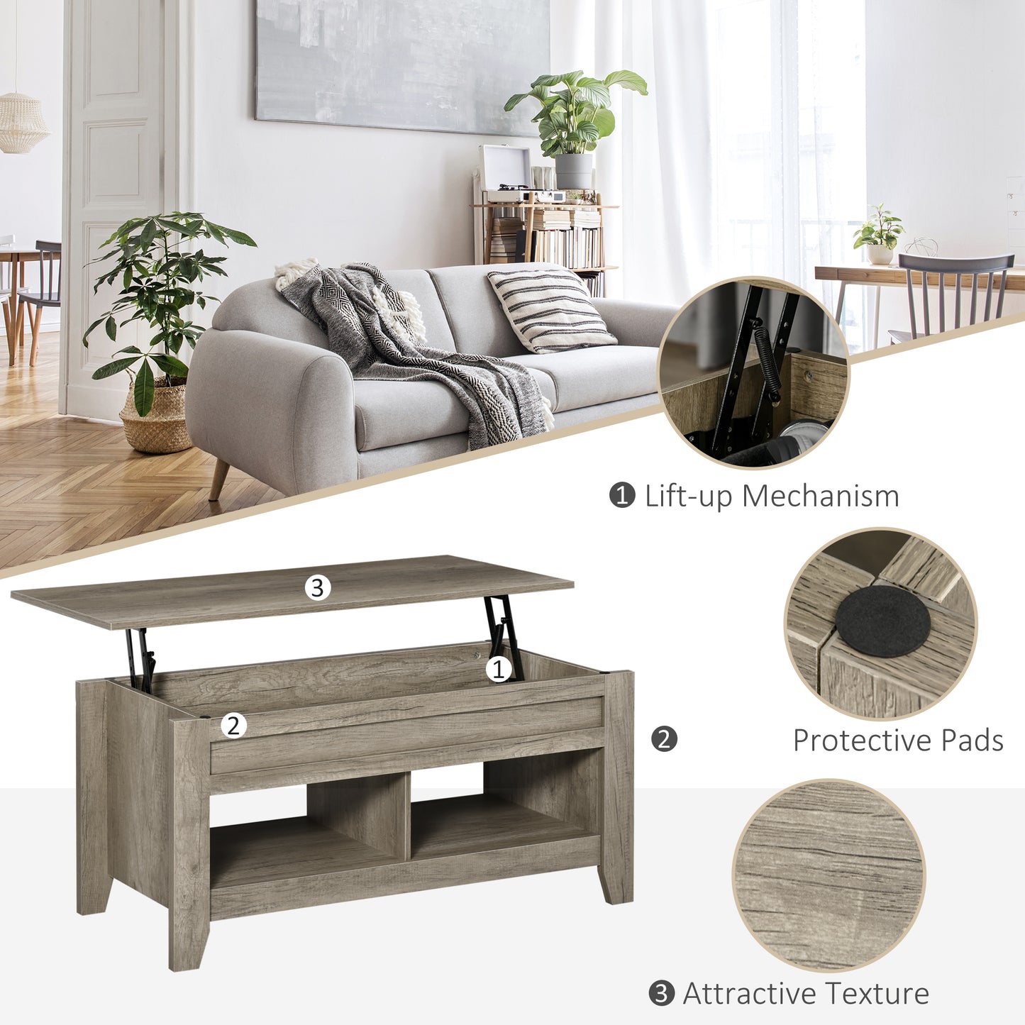 HOMCOM Lift Top Coffee Table with Hidden Storage Compartment and Open Shelves, Lift Tabletop Pop-Up Center Table for Living Room, White