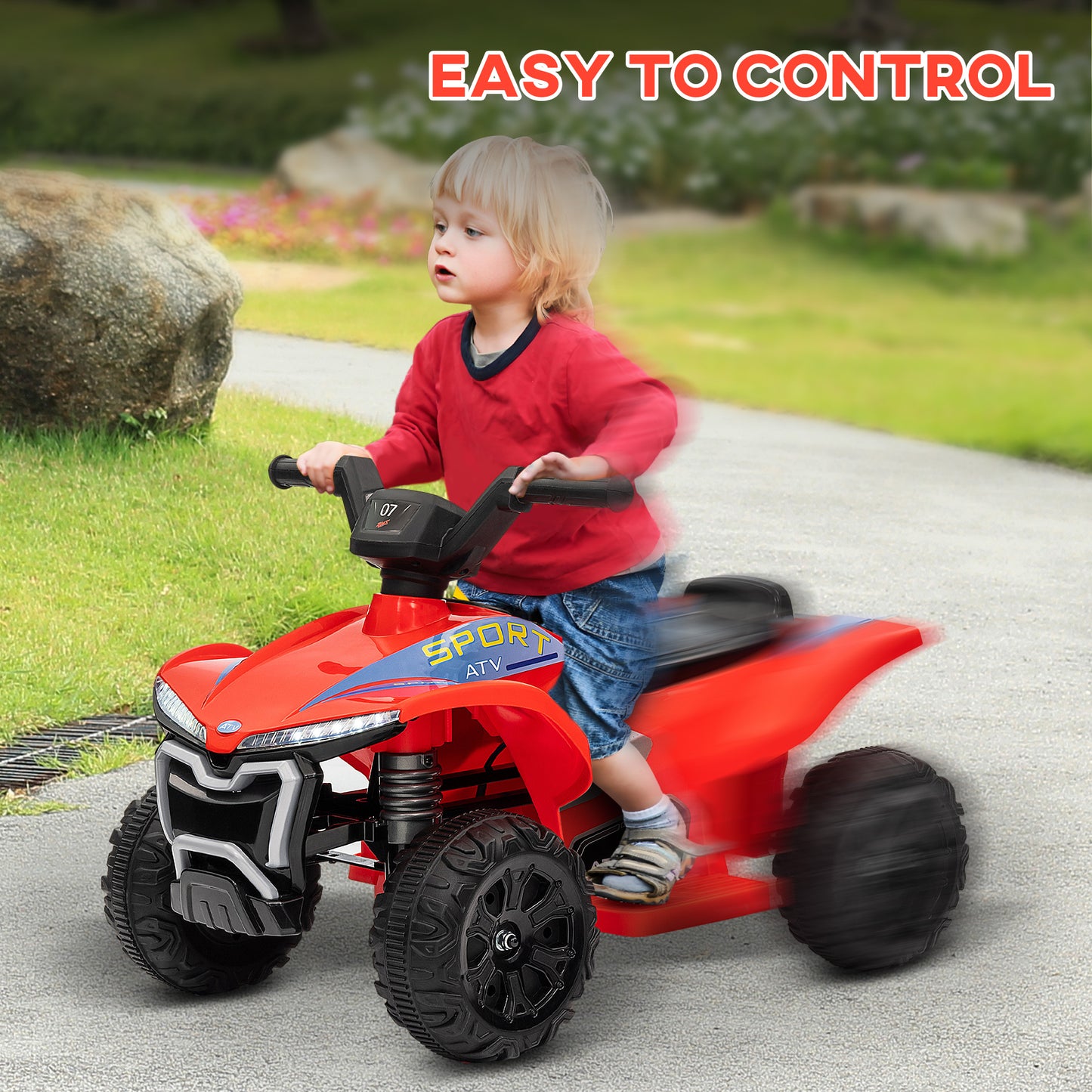 Qaba Kids ATV, 6V Battery Powered Electric Vehicle with Headlights, Music, Forward/Reverse Switch for 18-36 Months, Black