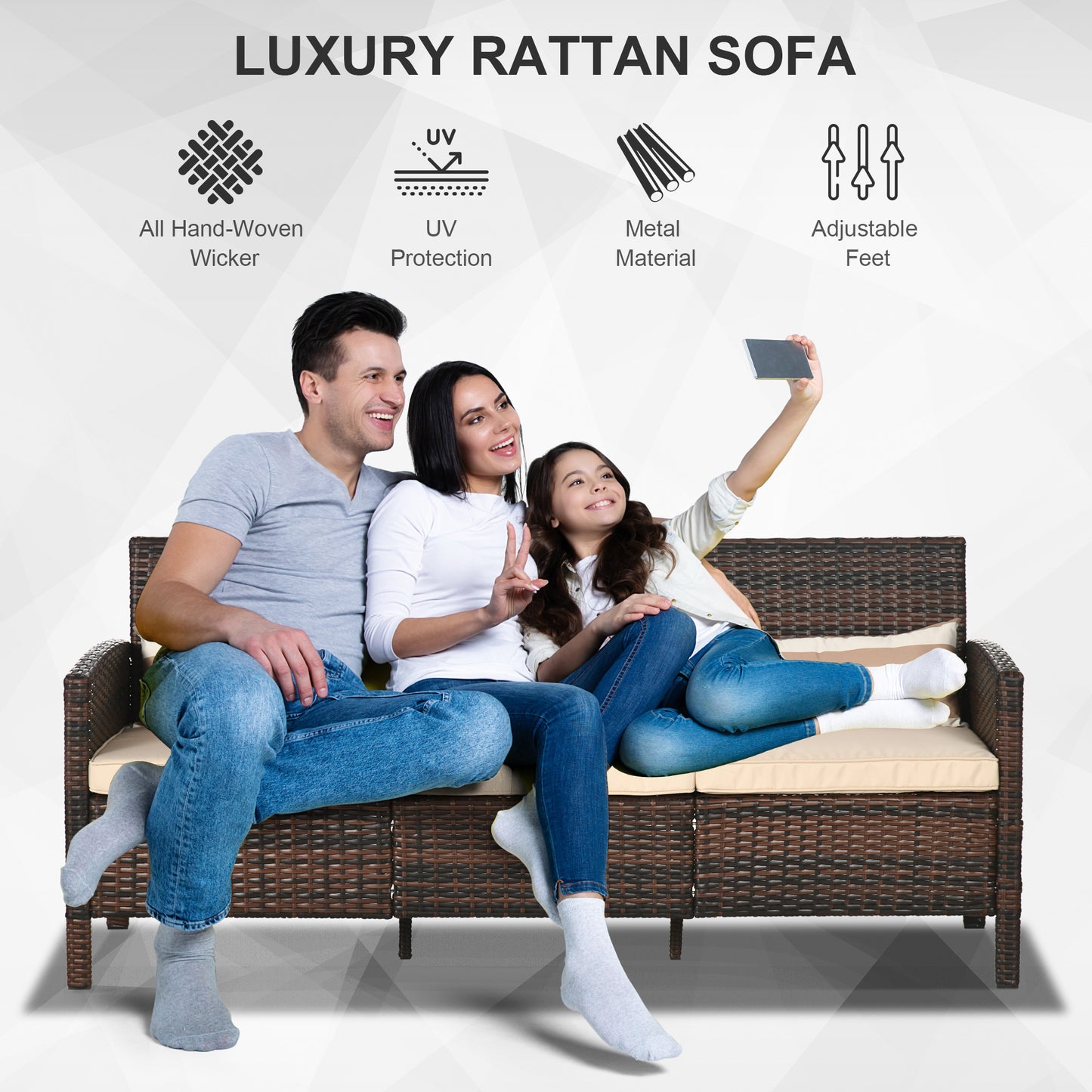 Outsunny 3-Seater Wicker Sofa, PE Rattan Outdoor Couch Conversation Furniture with Removable Cushions for Patio, Garden, Grey