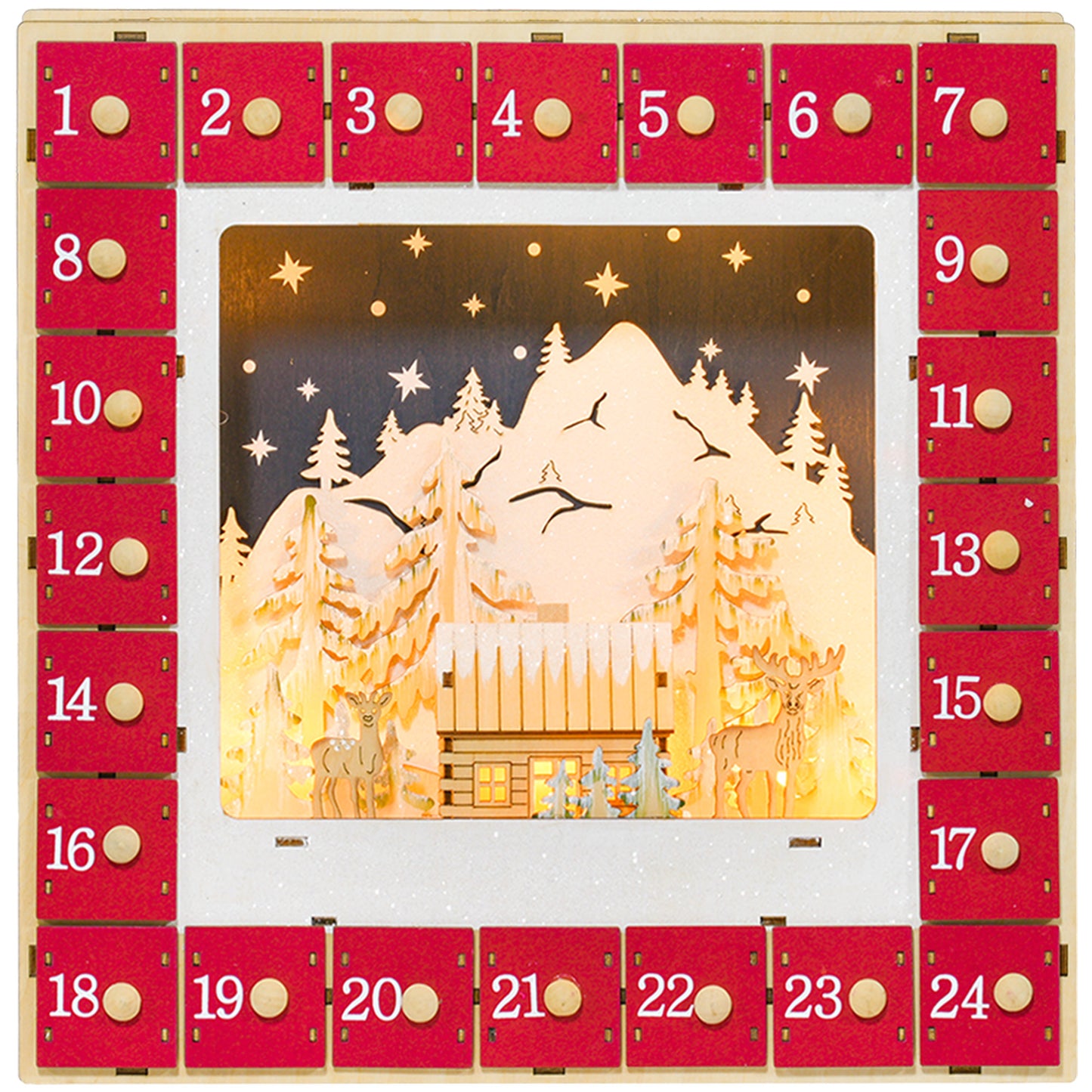 HOMCOM Wooden Christmas Advent Calendar, Lighted 24 Days Xmas Calendar House, Christmas Table Decoration with Countdown Drawers, Bible Characters, Battery Operated, Natural