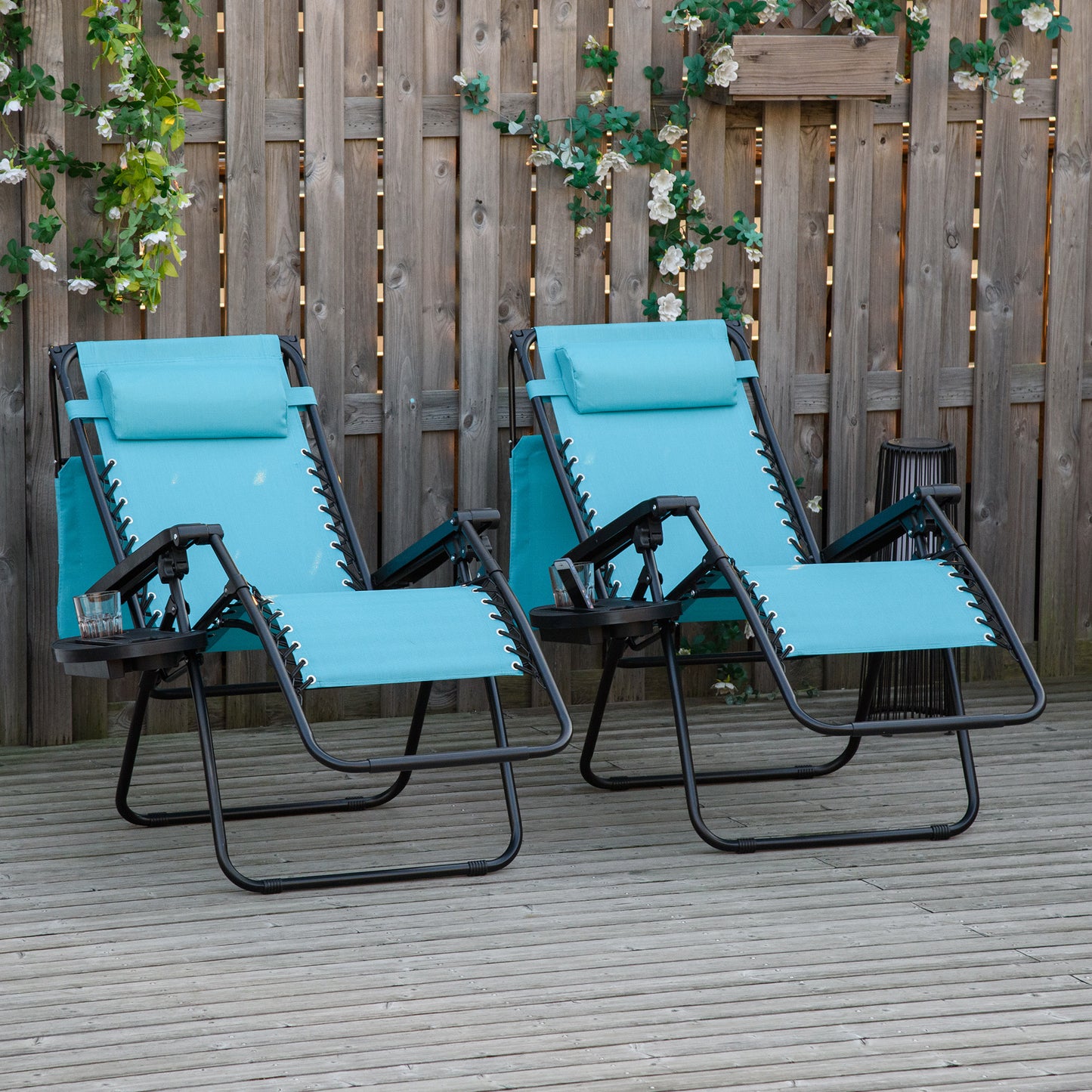 Outsunny 2 Piece Foldable Lounge Chair with Canopy Shade, Outdoor Zero Gravity Chair w/ Side Tray & Cup Holder, Reclining Lounger w/ Breathable Mesh Fabric Seat, Pillow, Sky Blue