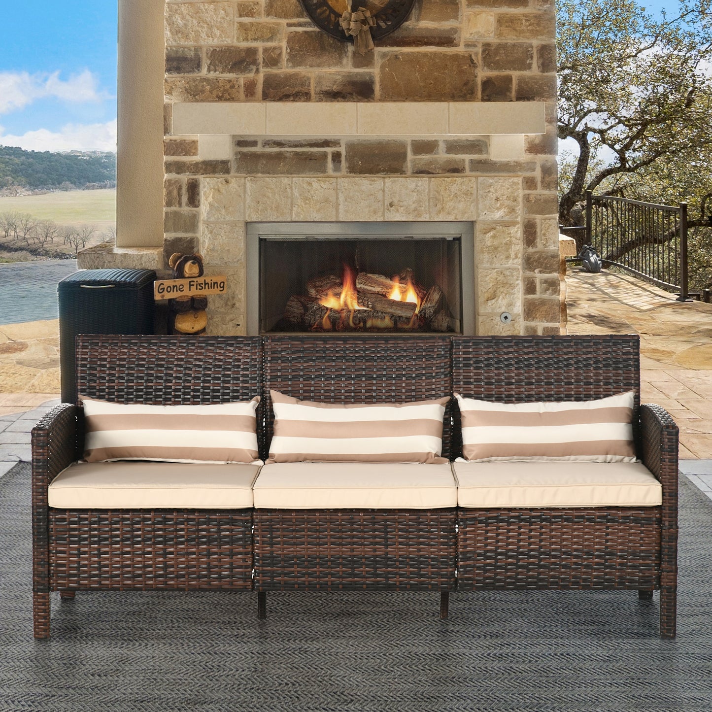 Outsunny 3-Seater Wicker Sofa, PE Rattan Outdoor Couch Conversation Furniture with Removable Cushions for Patio, Garden, Grey