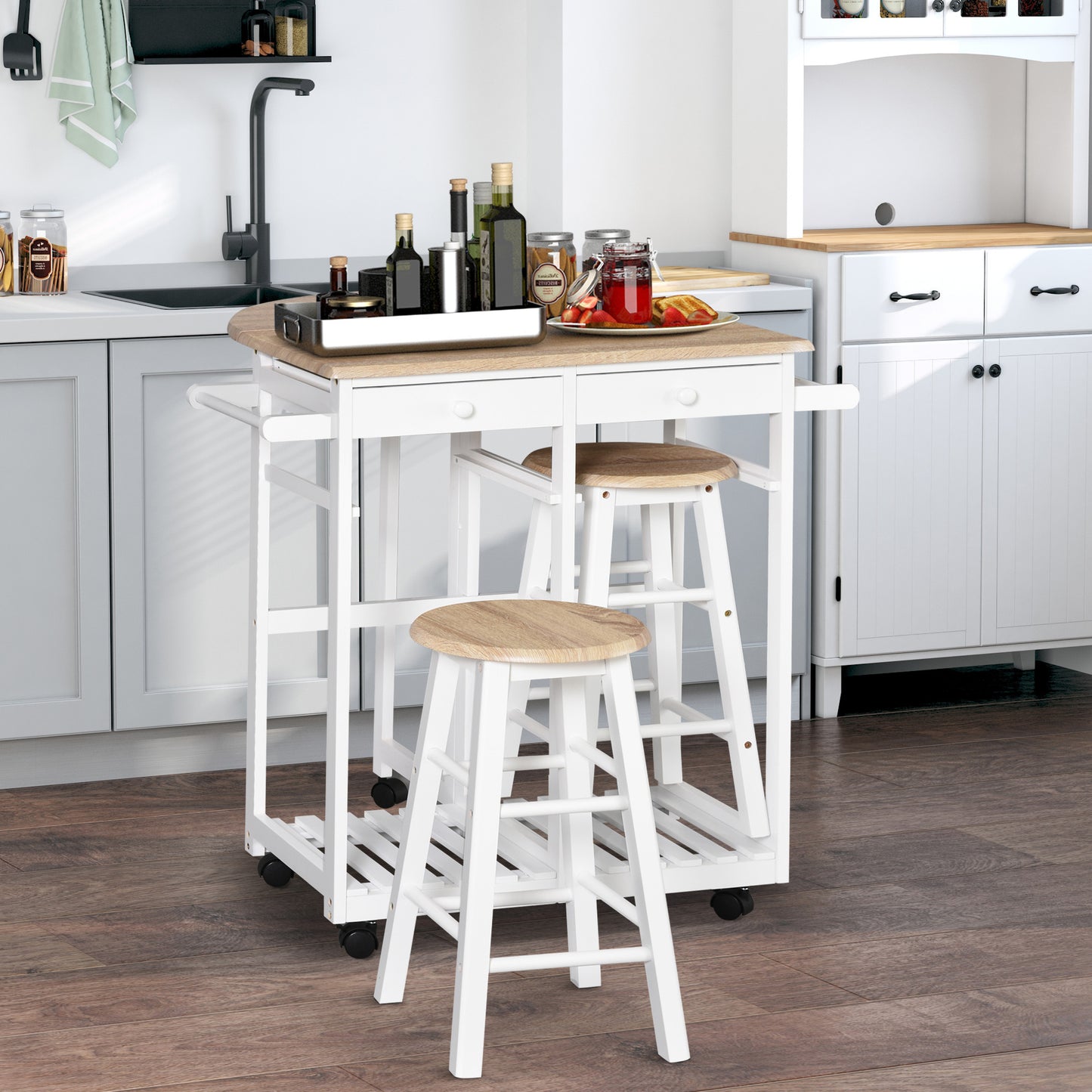 HOMCOM Kitchen Trolley 3 Piece Kitchen Cart Set Drop Leaf Breakfast Table and 2 Stools w/ Rolling Wheels & Towel Bars, Wood & White