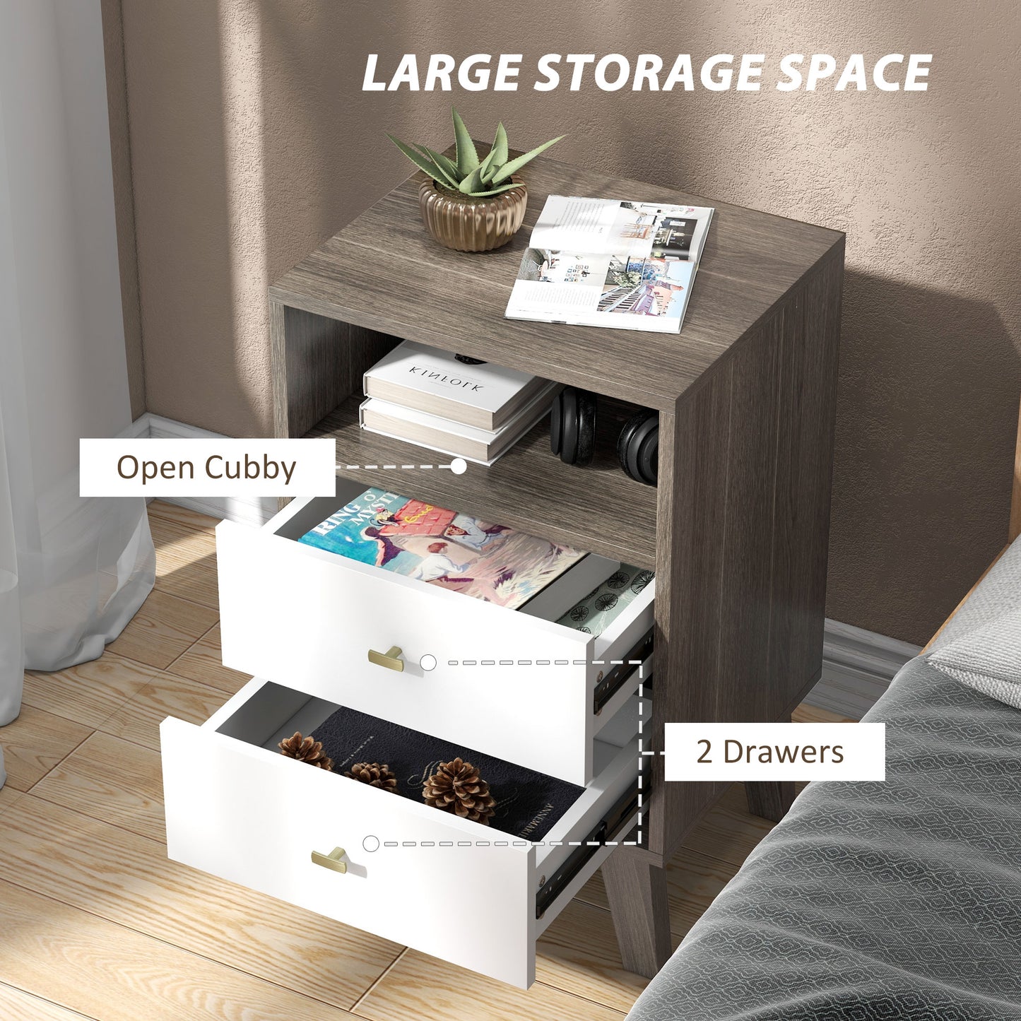 HOMCOM Nightstand Set of 2, Modern Bedside Table, Night Stand for Living Room with 3 Drawers and Open Storage, Grey