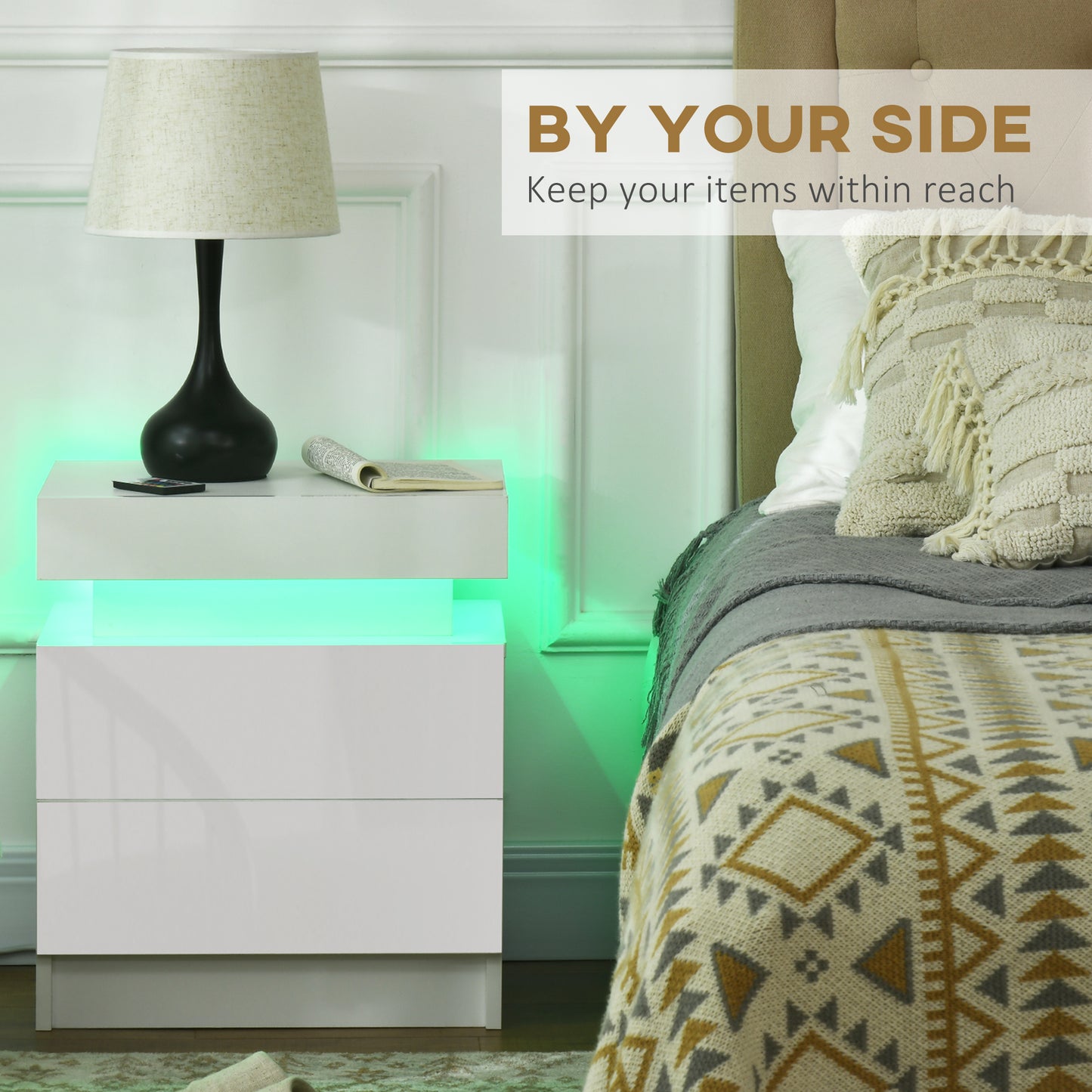 HOMCOM Nightstand, Bedside Table with LED Lights and 2 Drawers for Bedroom, Living Room, White