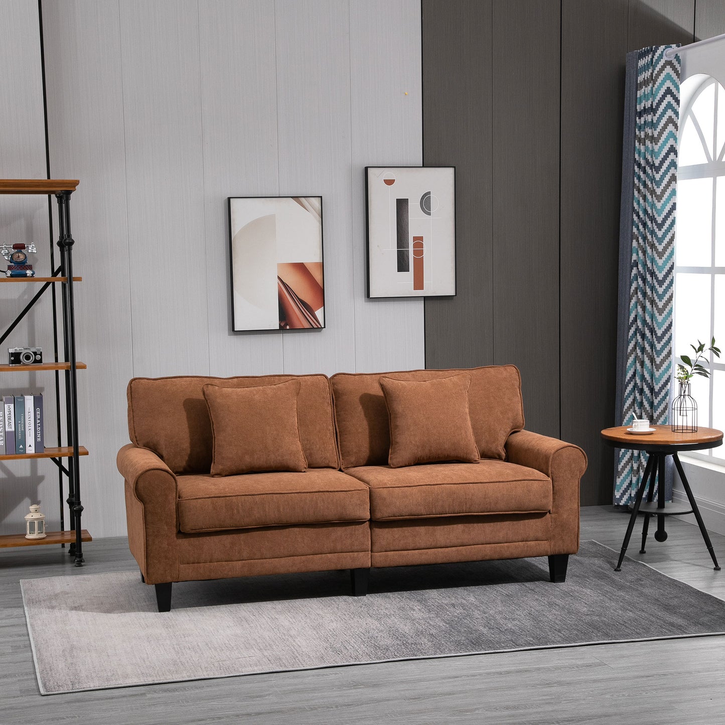 HOMCOM Modern 3 Seater Sofa, Corduroy Fabric 3 Seater Couch with Pine Wood Legs and Rolled Armrests for Living Room, Light Grey