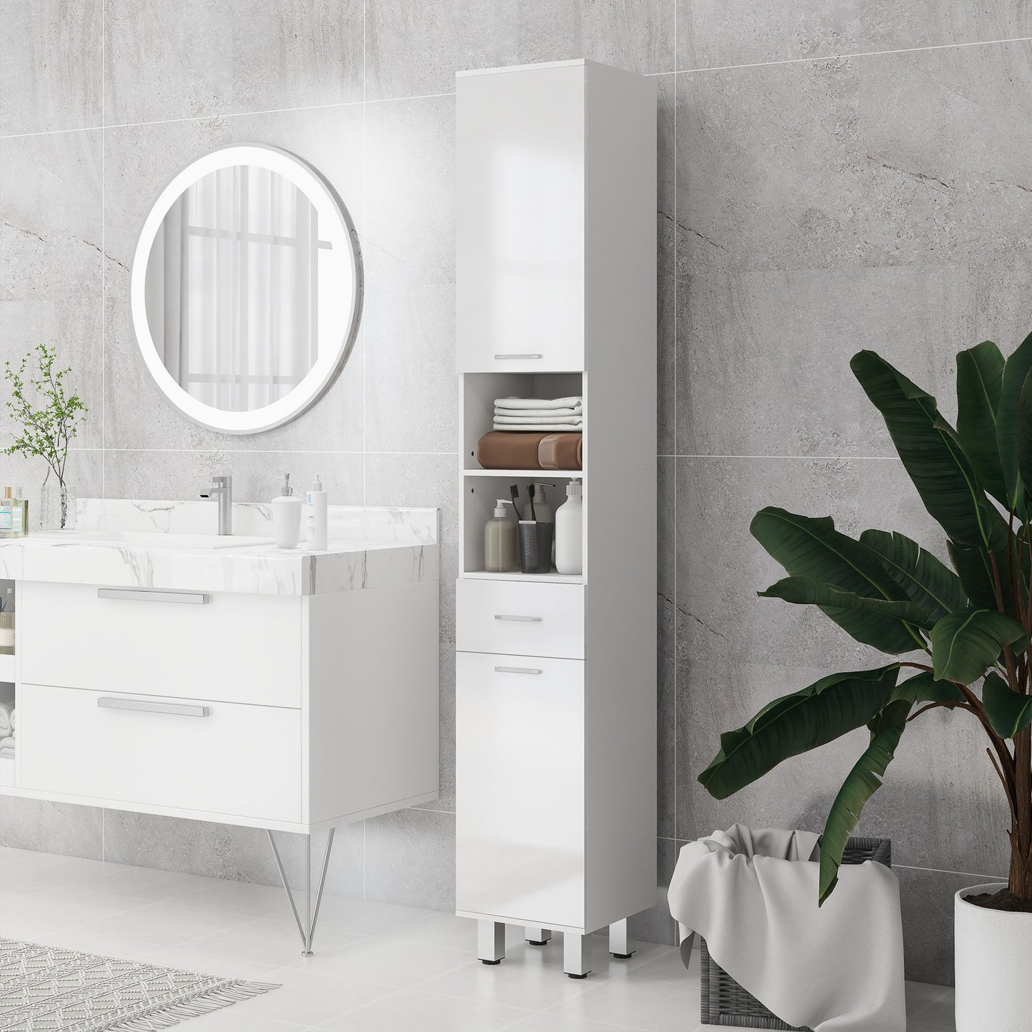 kleankin 71" Tall Bathroom Storage Cabinet, Narrow Linen Tower with Drawer, Open Shelves, 2 Doors Cabinets and Adjustable Shelves, High Gloss White