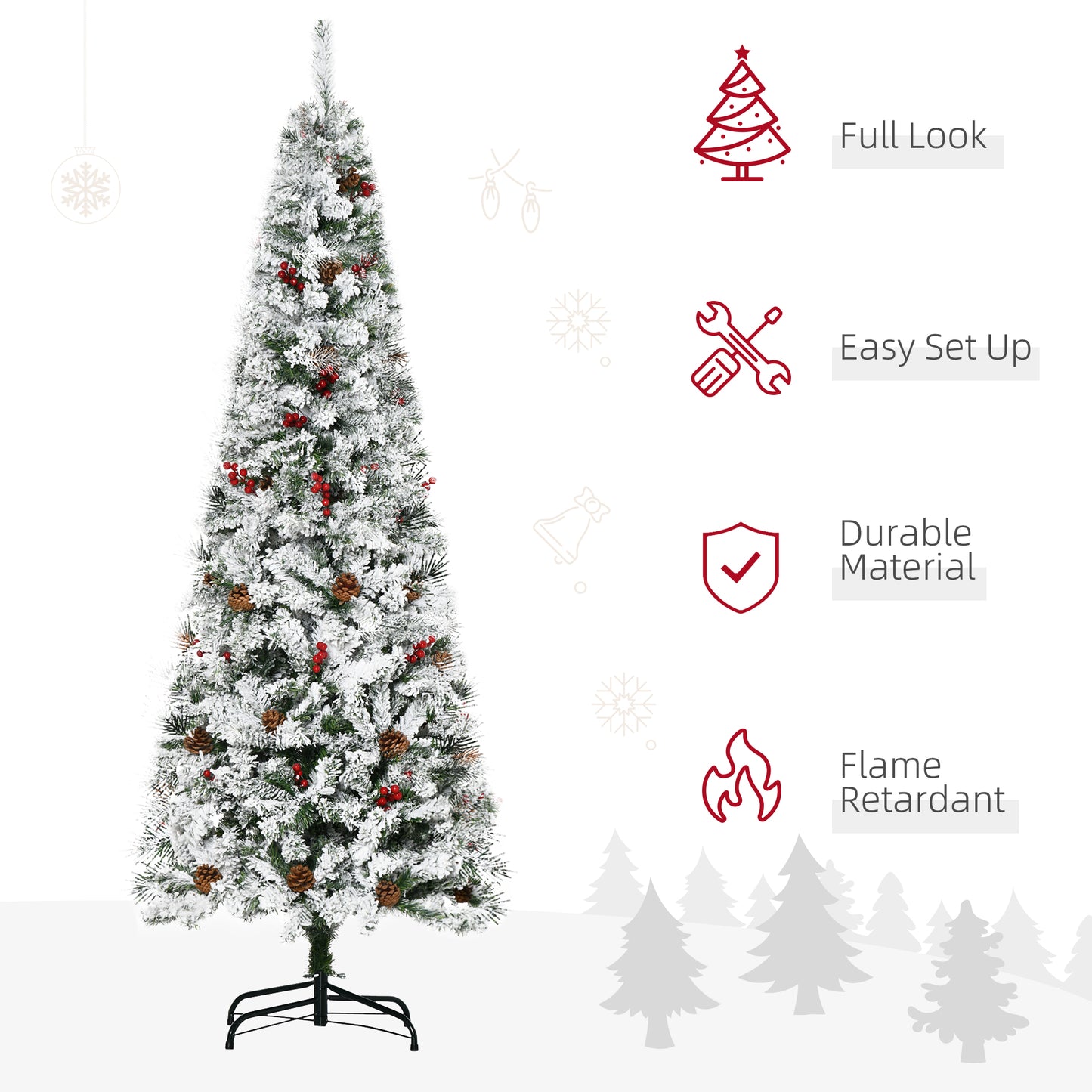 HOMCOM 9-foot Pencil Snow Flocked Artificial Christmas Tree with 1350 Pine Realistic Branches, Pine Cones, Red Berries, Auto Open, Green