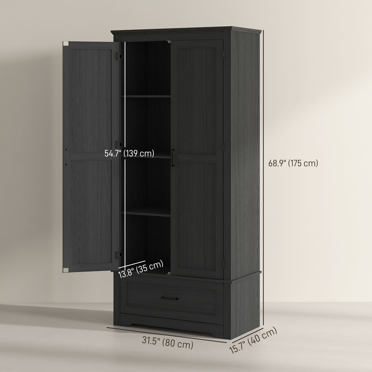 HOMCOM 69" Tall Farmhouse Kitchen Pantry Cabinet with 2 Doors, Drawer and Adjustable Shelves, Black Wood Grain