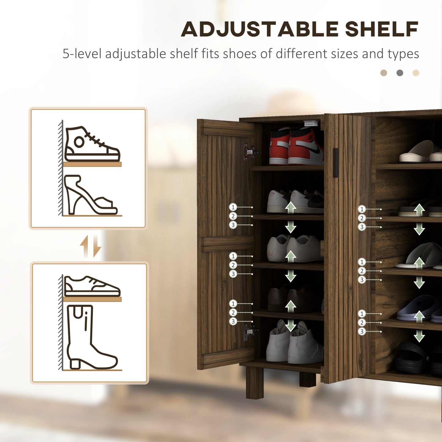 HOMCOM Shoe Storage with Double Doors and Open Shelves 17 Pair Shoe Storage Organizer for Entryway Hallway Walnut