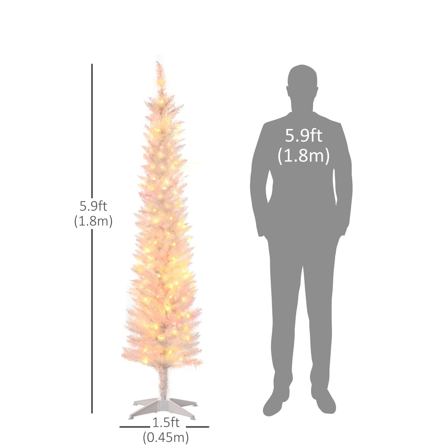 HOMCOM 7' Prelit Christmas Trees, Pencil Artificial Christmas Tree with Colourful Surface Tips, Colourful LED Lights, White