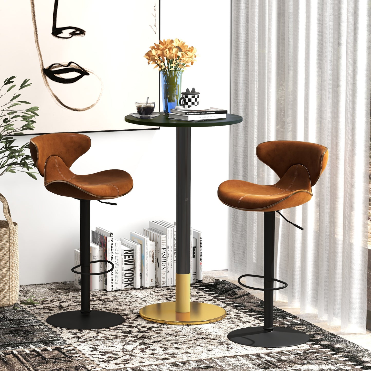 HOMCOM High Top Bar Table, Modern Round Dining Table with Faux-marbled Top and Gold Base, Bistro Table for 2 People, Black
