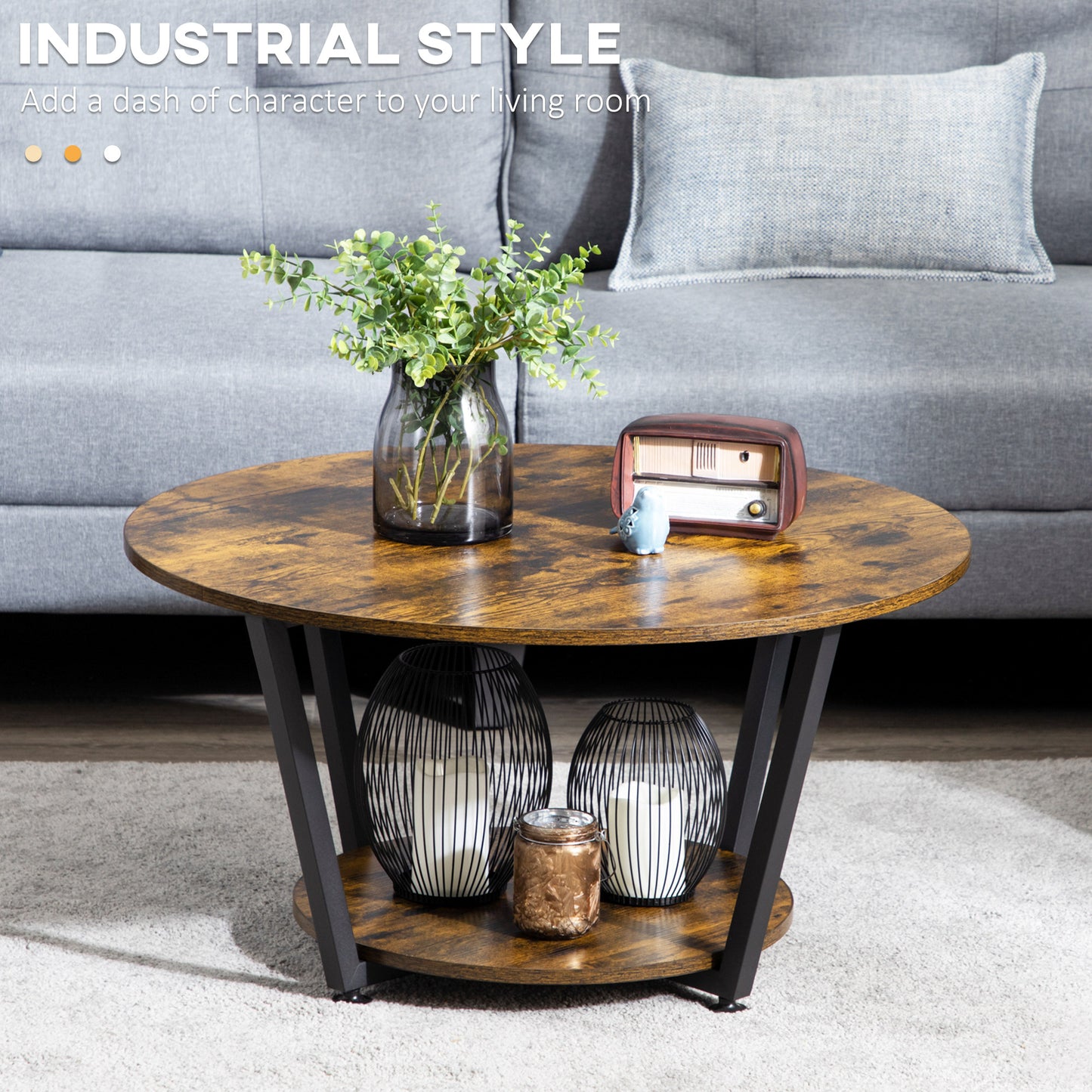 HOMCOM 2-Tier Round Coffee Table with Storage Shelf, Industrial Center Table with Steel Frame for Living Room, Rustic Brown