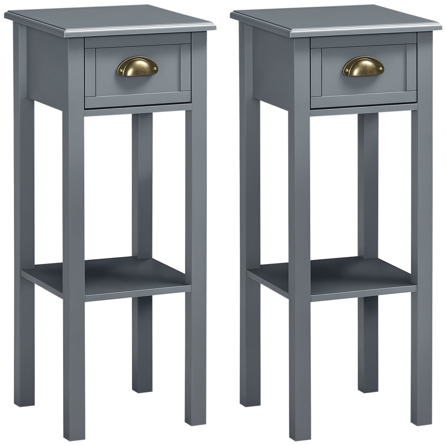 HOMCOM 2 Tier Side Table, Set of 2, Narrow Tall End Table with Drawer and Shelf, Slim Wooden Nightstand for Living Room, Bedroom, Hallway, White