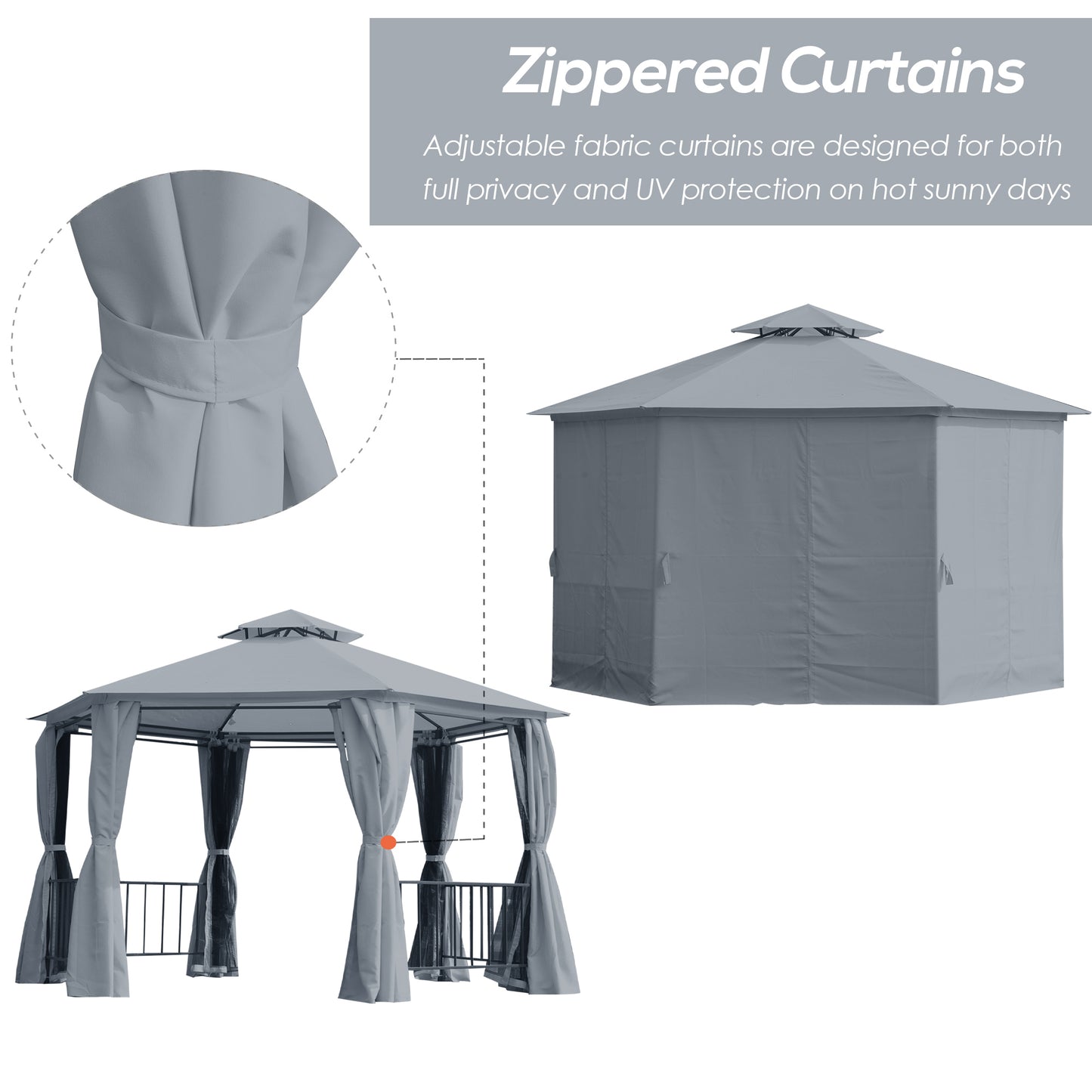 Outsunny 13ft Hexagon Gazebo Outdoor Canopy Shelter with Netting and Shaded Curtains Beige