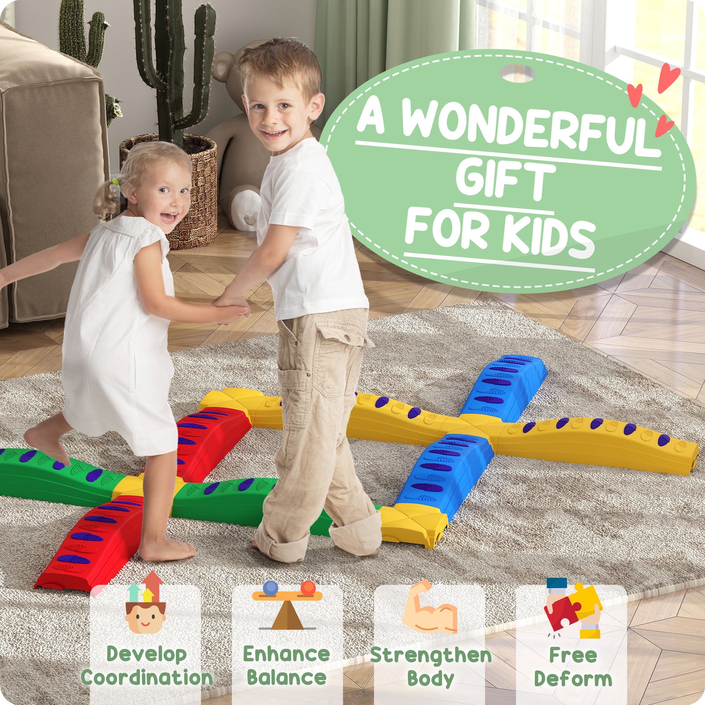 Outsunny 8pcs Balance Beam for Kids, 4 Sensory Pads and 4 Beams with Non-slip Surface & Bottom, Stackable Stepping Stones Kids for Boys Girls 3-6 Years, Multicoloured