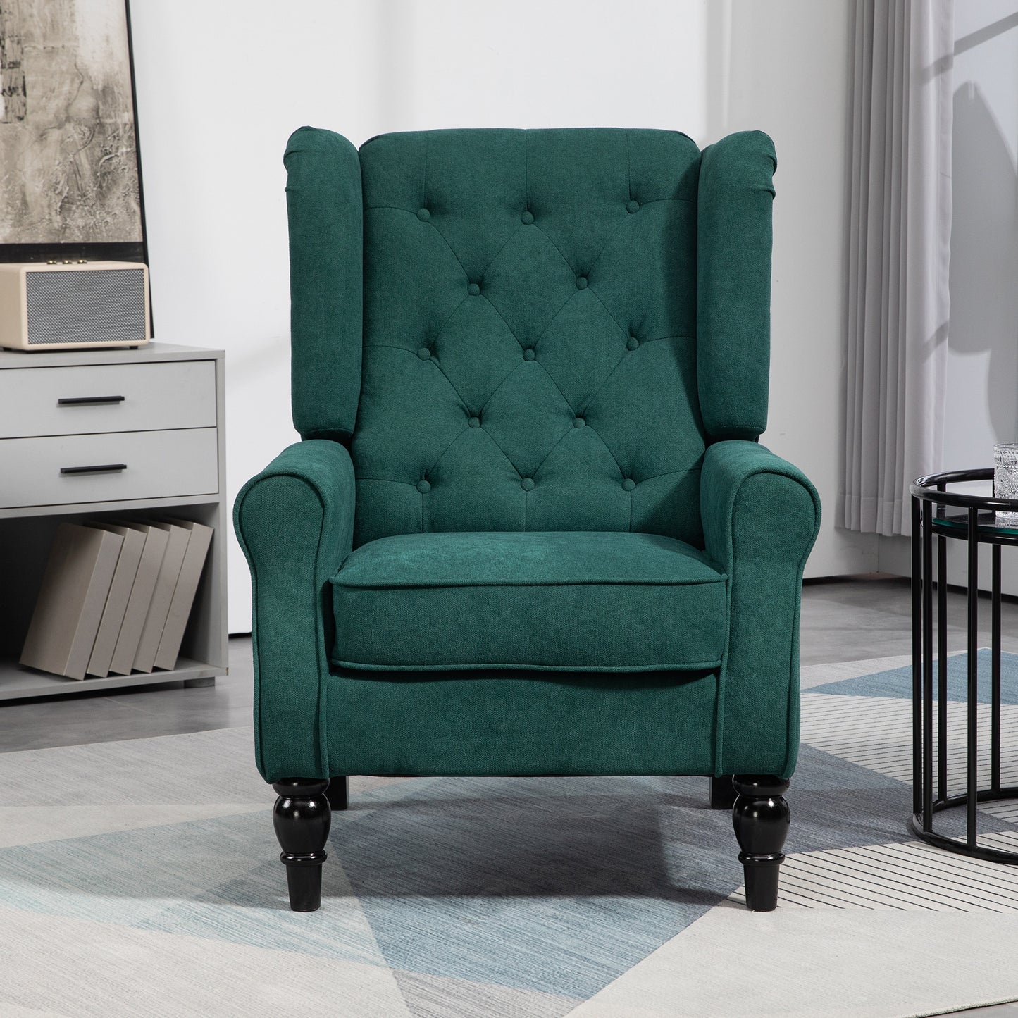 HOMCOM Fabric Accent Chair, Button Tufted Armchair, Upholstered Modern Living Room Chair, Wingback Chair with Wood Legs, Rolled Arms, Thick Padding for Bedroom, White