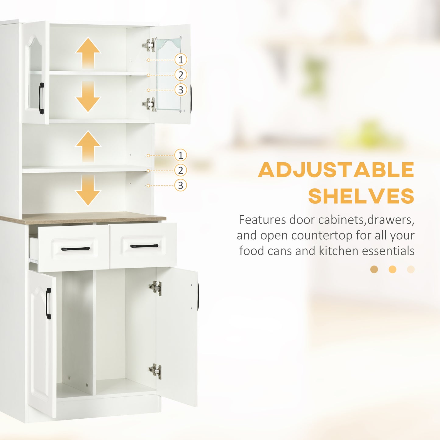 HOMCOM 66" Kitchen Pantry Cabinet, Freestanding Storage Cabinet with 2 Adjustable Shelves, 2 Drawers, Open Counter and Glass Doors, White