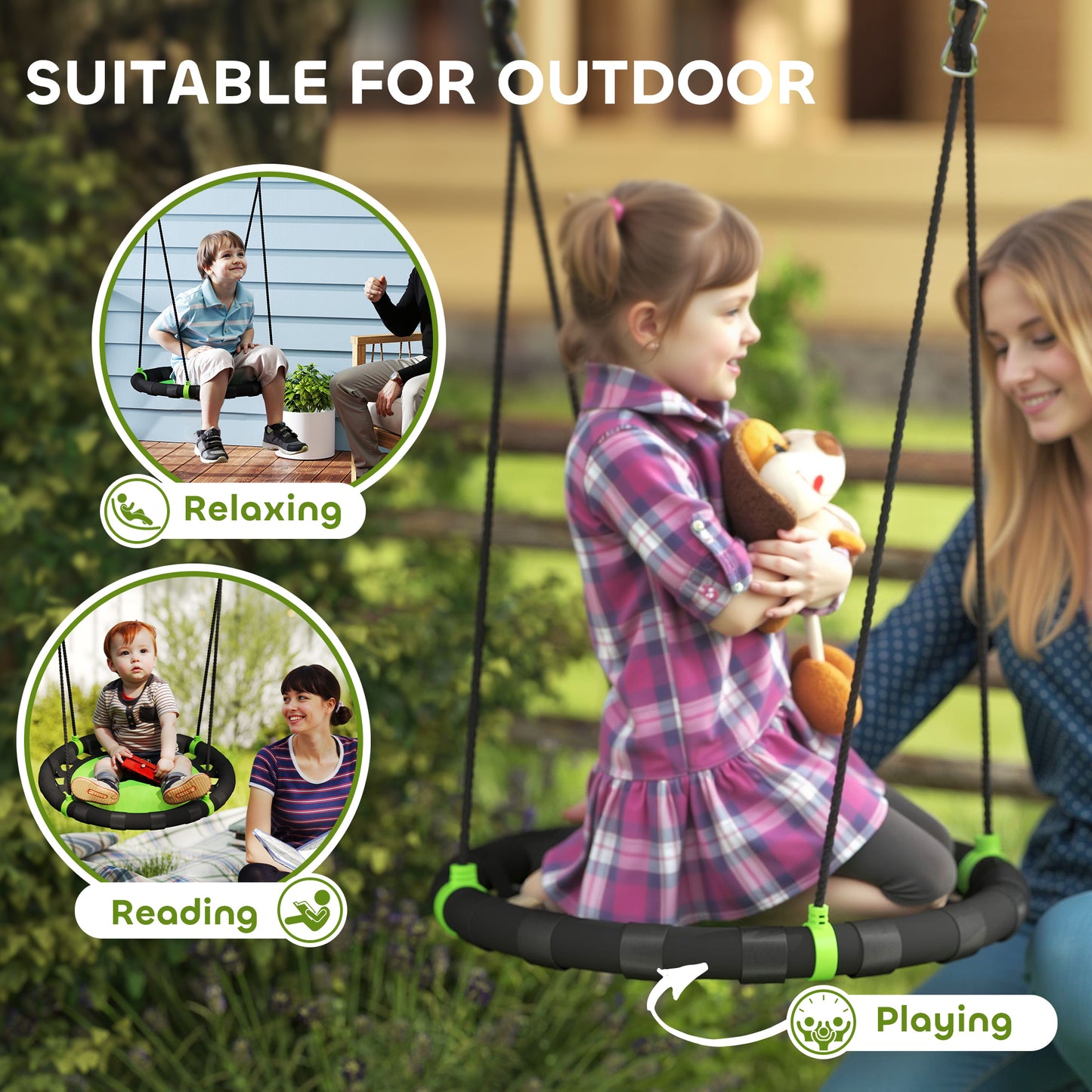 Qaba 39 inch Saucer Tree Swing Set for Kids with Adjustable Hanging Ropes for Outdoor, Backyard, Green