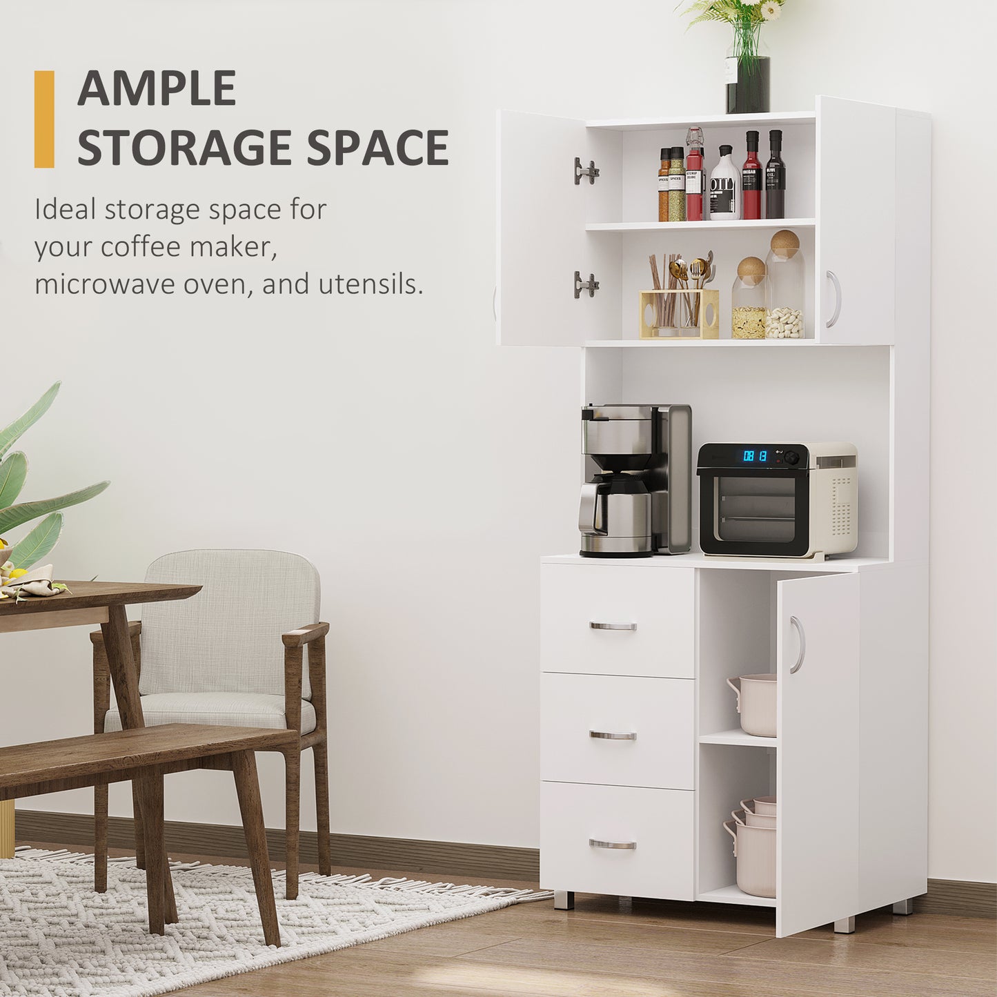 HOMCOM Freestanding Kitchen Buffet with Hutch Storage Organizer with 2 Door Cabinets, 3 Drawers and Open Countertop, Adjustable Shelf for Dining Room Pantry, White