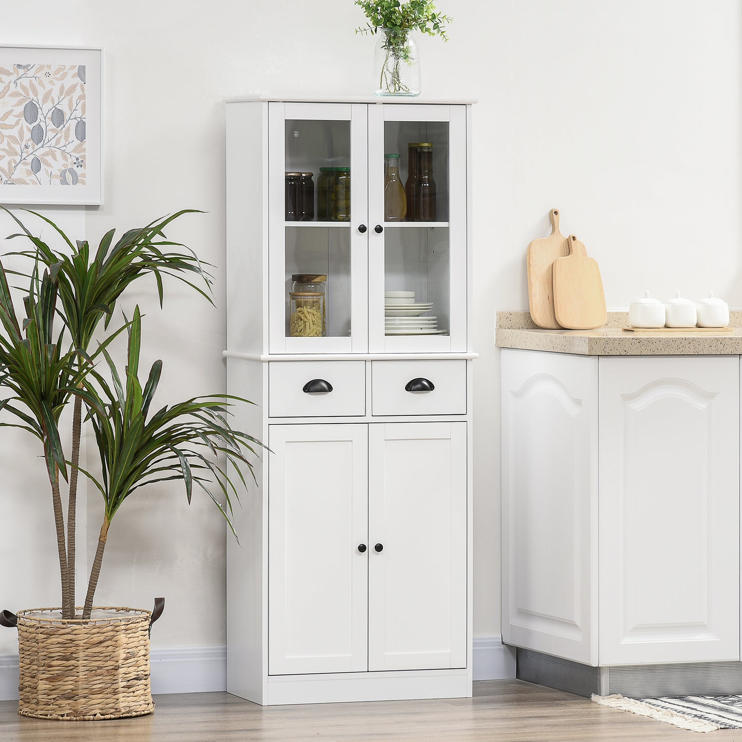 HOMCOM 61" Kitchen Pantry Cabinet, Freestanding Farmhouse Buffet Storage Cabinet with Soft Close Glass Doors and Adjustable Shelves, White
