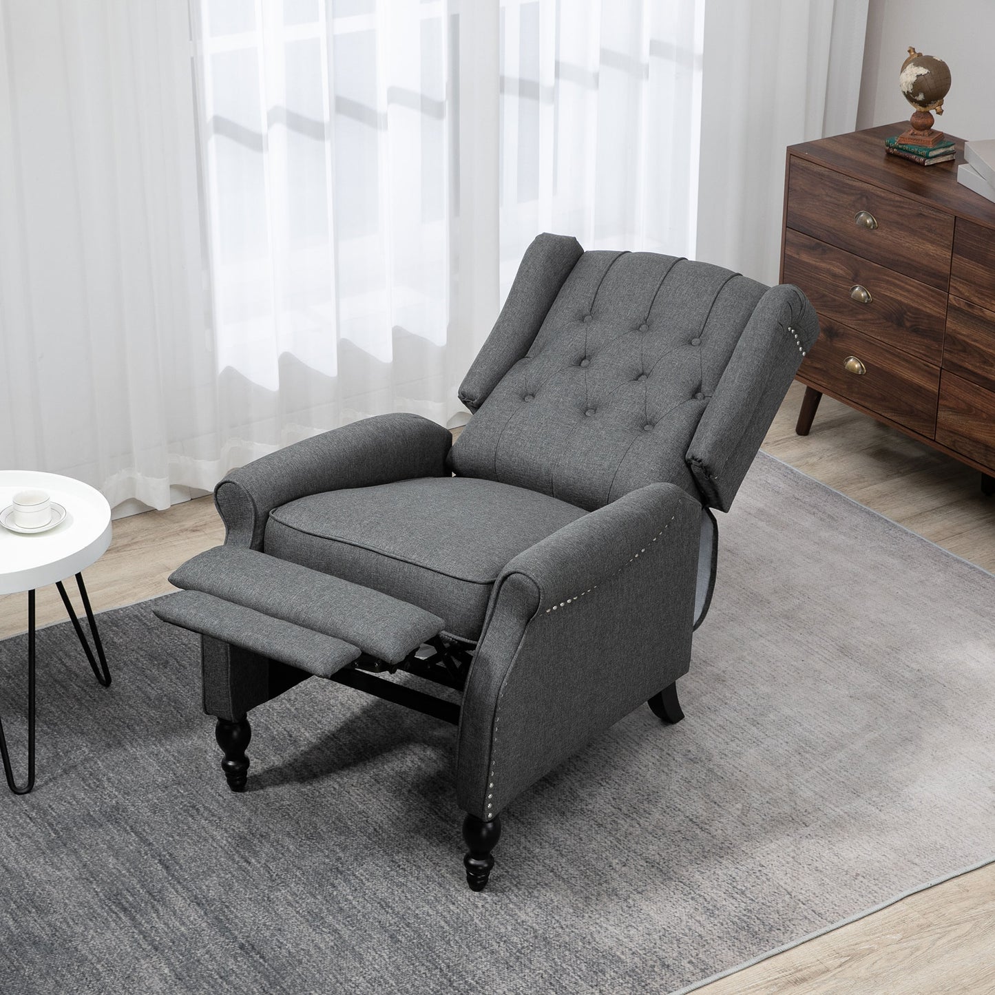 HOMCOM Wingback Reclining Chair with Footrest, Button Tufted Recliner Chair with Rolled Armrests for Living Room, Light Grey