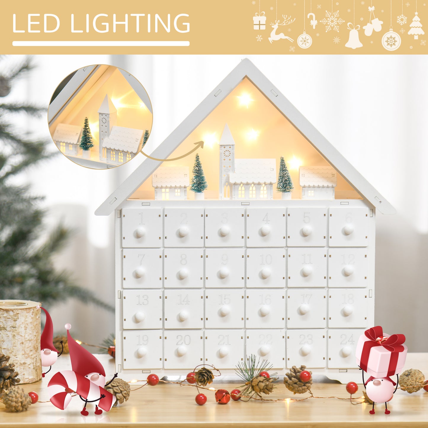 HOMCOM Christmas Advent Calendar, 2022 Light Up Table Xmas Wooden House Holiday Decoration with Countdown Drawer, Village, for kids Adults, White