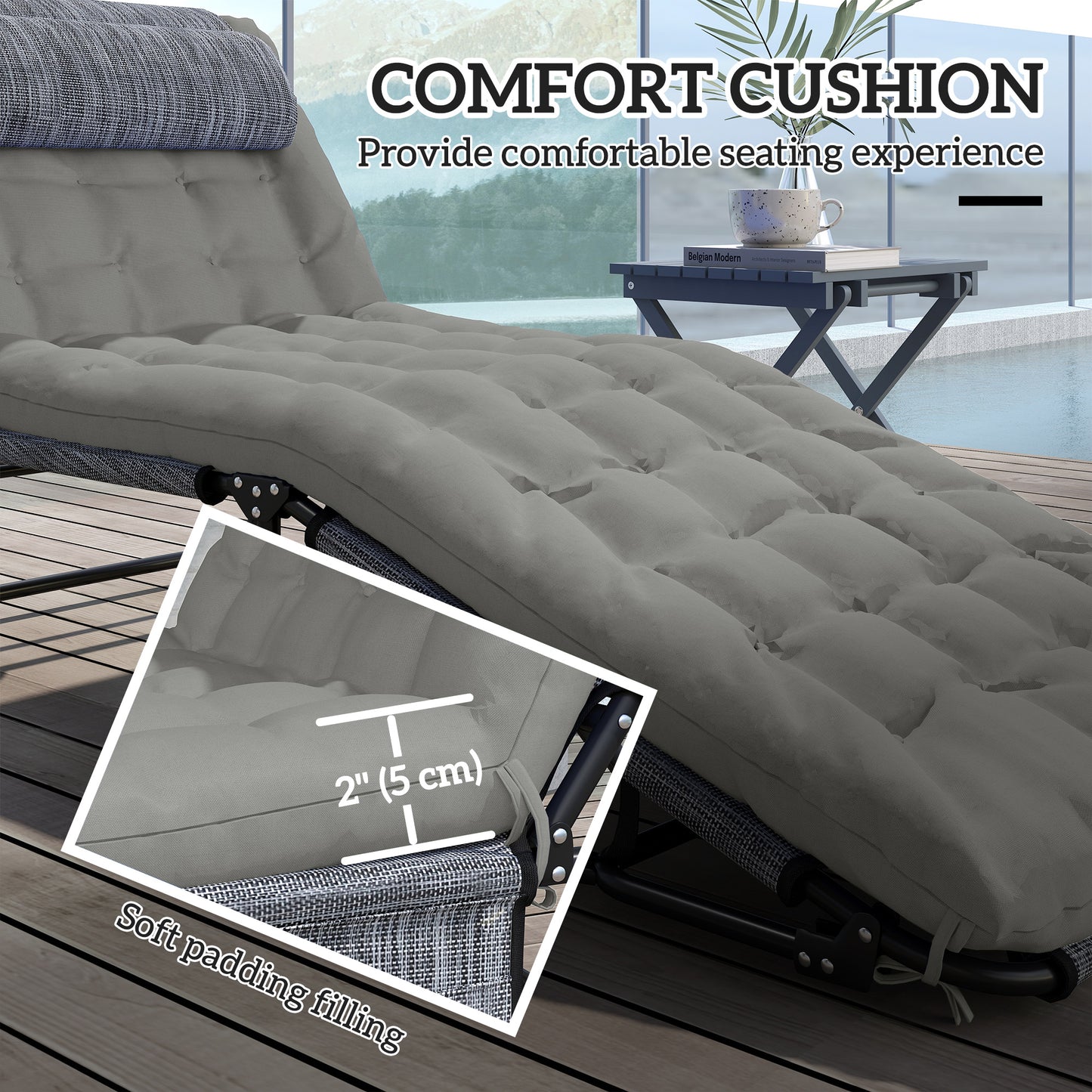 Outsunny 2-Piece Folding Lounge Chairs with Adjustable Backrest, Tanning Chair with Cushion, Side Pocket, Headrest, Grey