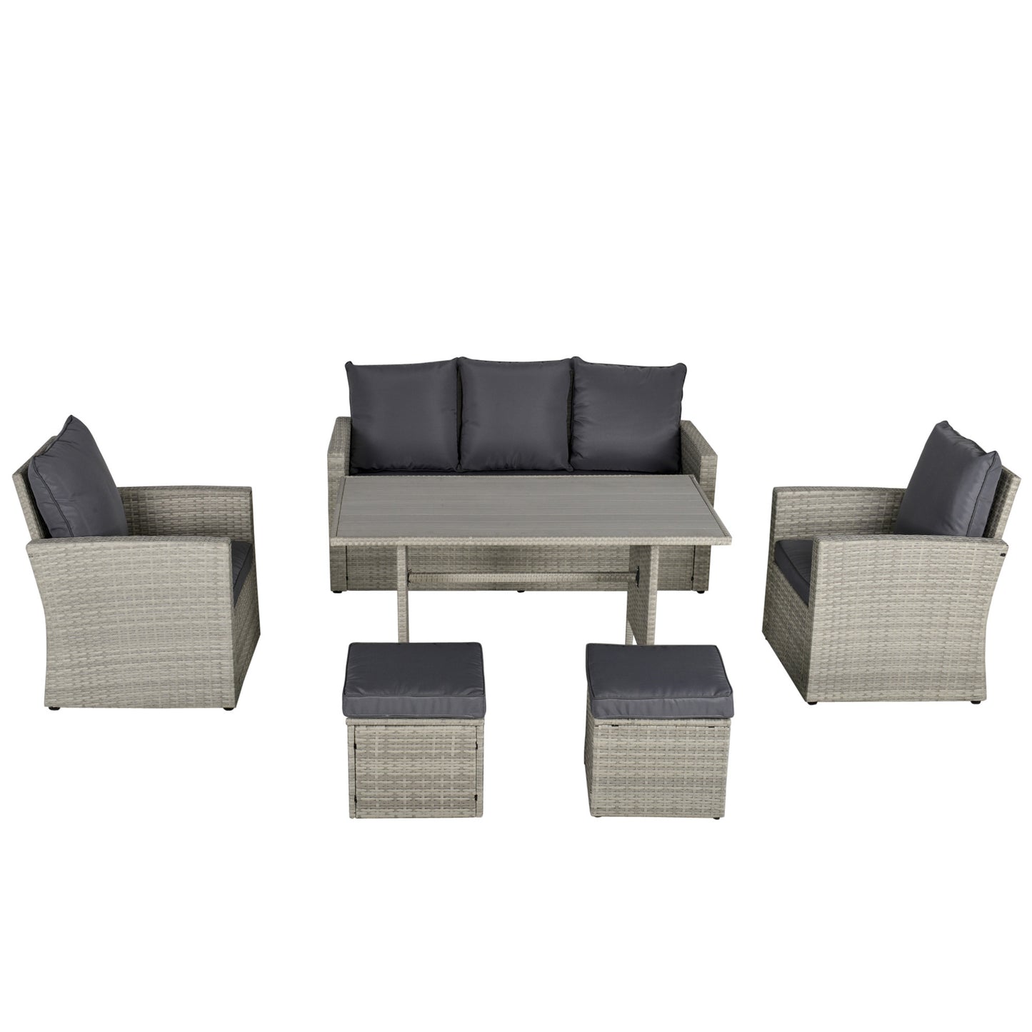 Outsunny 6 PCS Rattan Outdoor Dining Set Patio Dining Table and Chair Set with Plastic Wood Top Dining Table, Cushions, Grey
