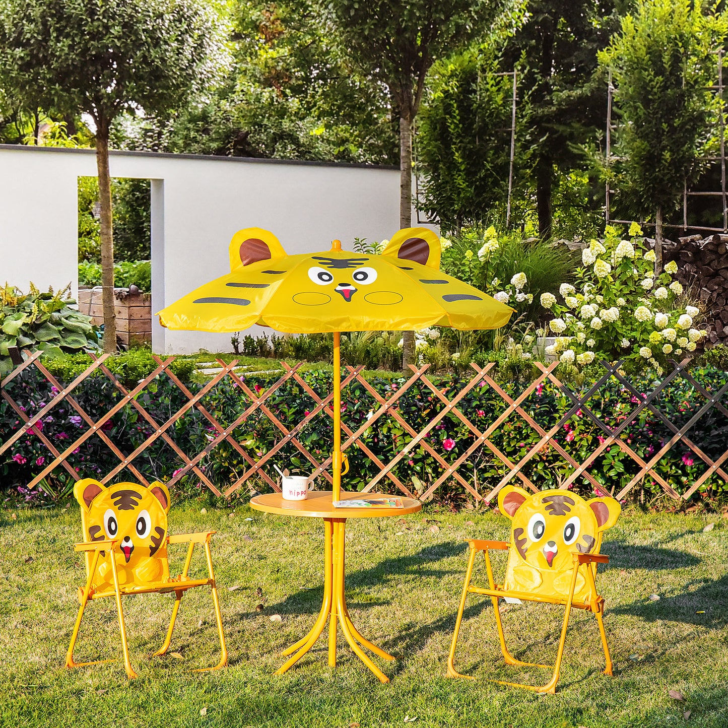 Outsunny Kids Folding Picnic Table and Chair Set Pattern Outdoor Garden Patio Backyard with Removable & Height Adjustable Sun Umbrella Brown