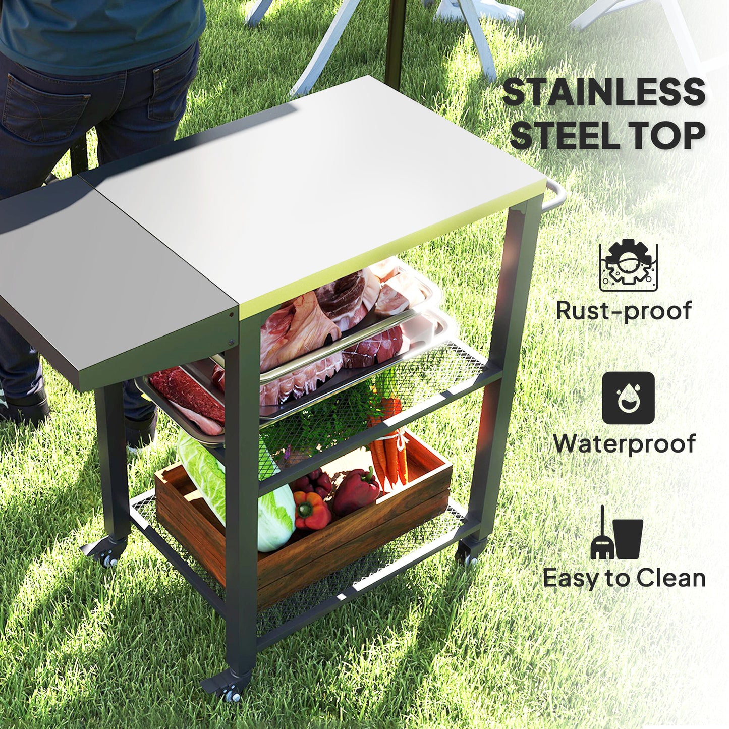 Outsunny 3-Shelf Outdoor Grill Cart Table with Foldable Side Table and Stainless Steel Table Top, Pizza Oven Stand on Wheels