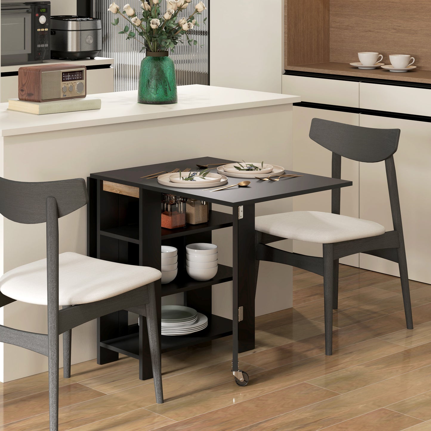 HOMCOM Folding Dining Table with Storage, Drop Leaf Kitchen Table for Small Spaces, White