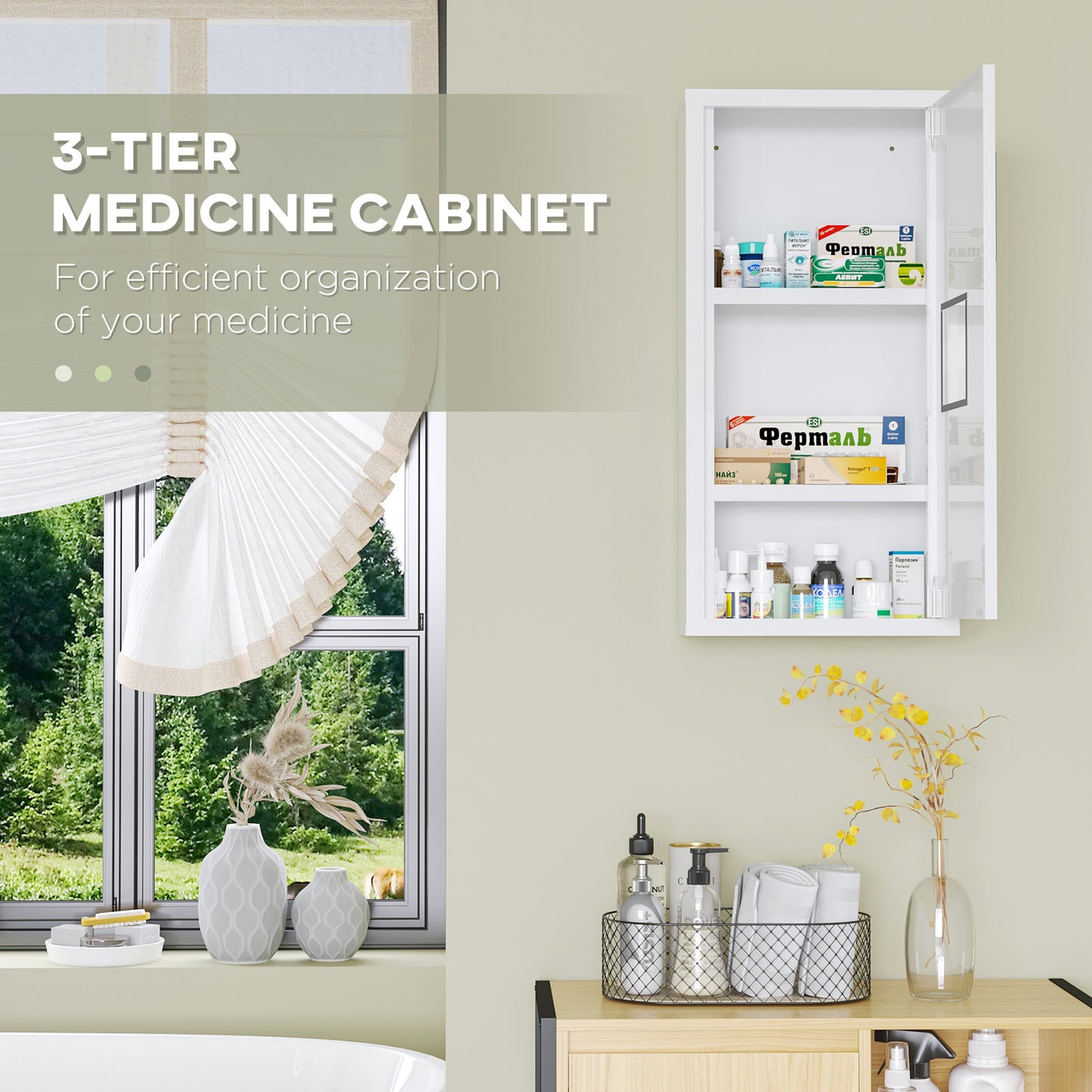 kleankin Wall Mount Medicine Cabinet Bathroom Cabinet with 2 Shelves, Steel Frame and Magnetic Door, White