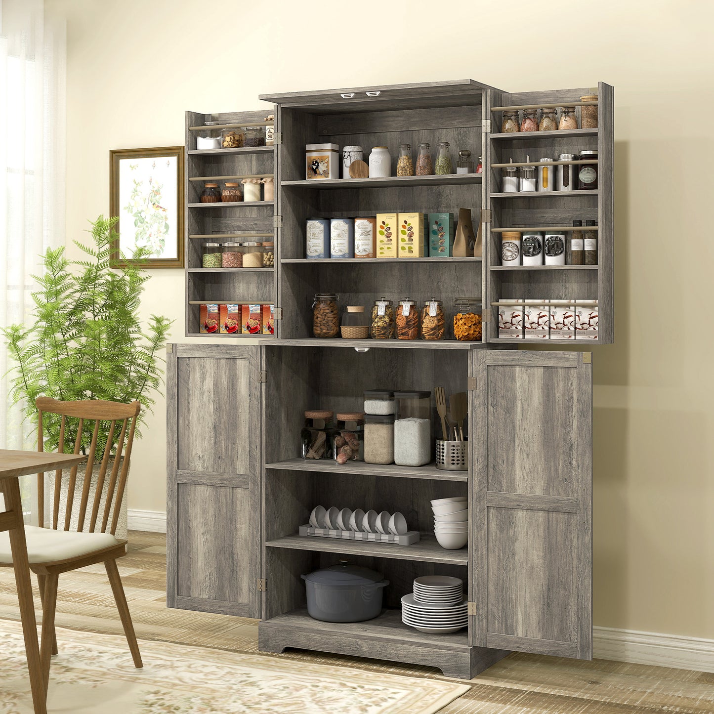 HOMCOM Farmhouse Kitchen Pantry Cabinet, Kitchen Cabinet with Barn Doors, Adjustable Shelves and Door Racks, Distressed Grey