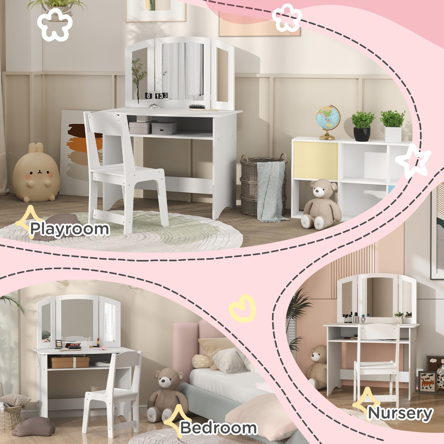Qaba 2 in 1 Kids Vanity Set Makeup Dressing Table Pretend Play Set with Tri-Folding Mirror, Stool, Storage Shelf