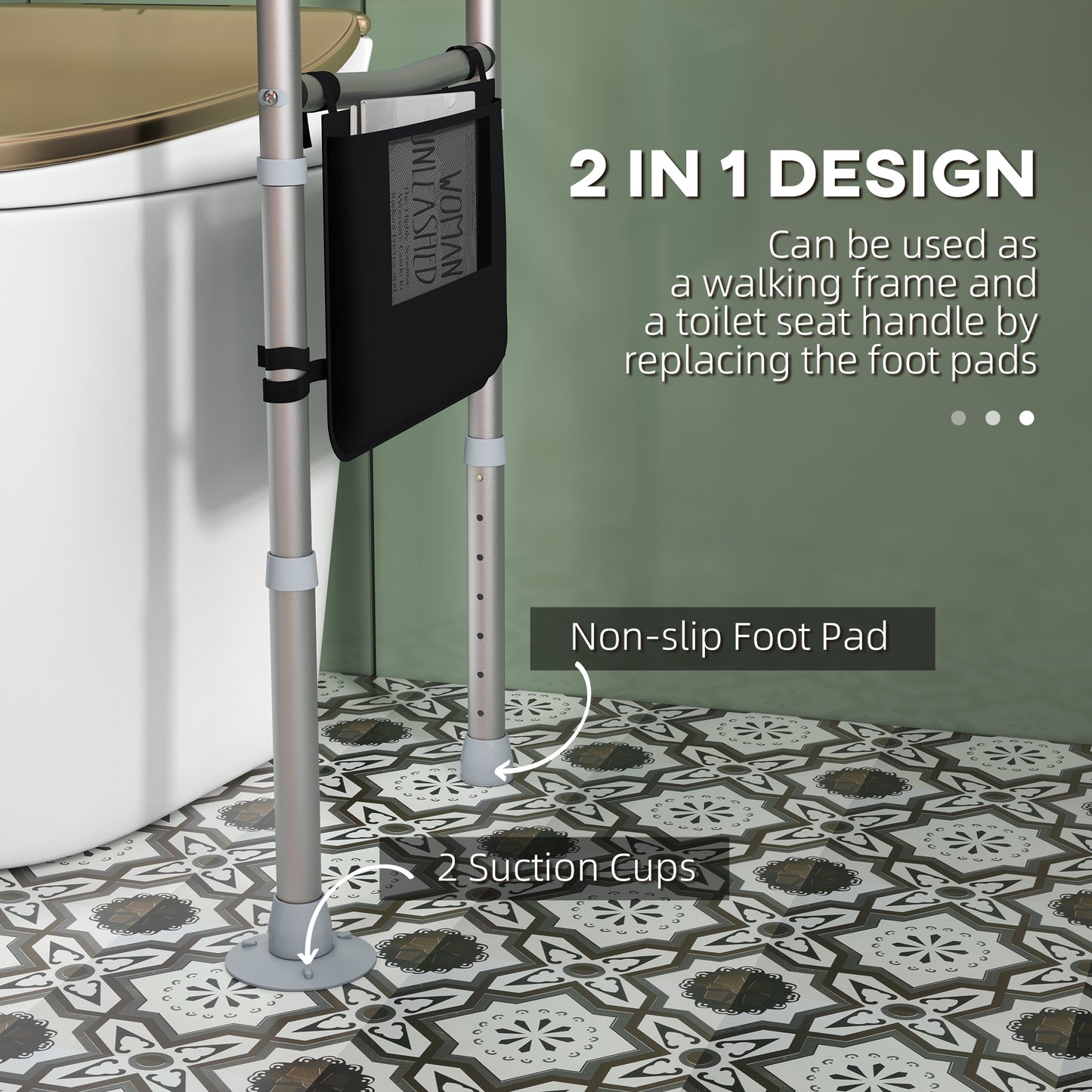 HOMCOM Stand Alone Toilet Safety Rails, Toilet Rails with Adjustable Height Width, 300lb Grab Bar with Suction Cups, Storage, Padded Handles for Elderly
