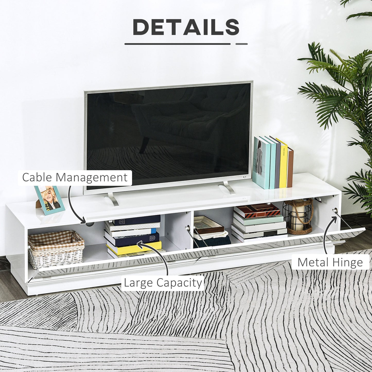 HOMCOM Lighted TV Stand for TVs up to 75", TV Cabinet with Storage for Living Room, High Gloss White
