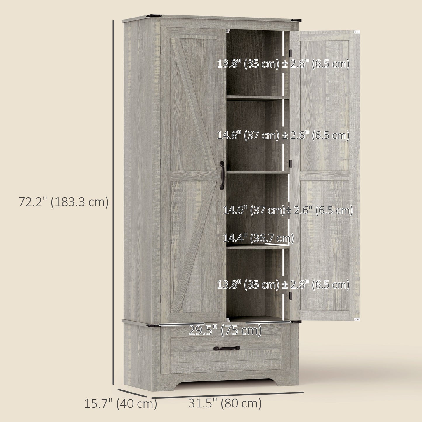 HOMCOM 72" Farmhouse Pantry Cabinet with Adjustable Shelves, Kitchen Pantry Cabinet with 2 Doors, Distressed Light Grey