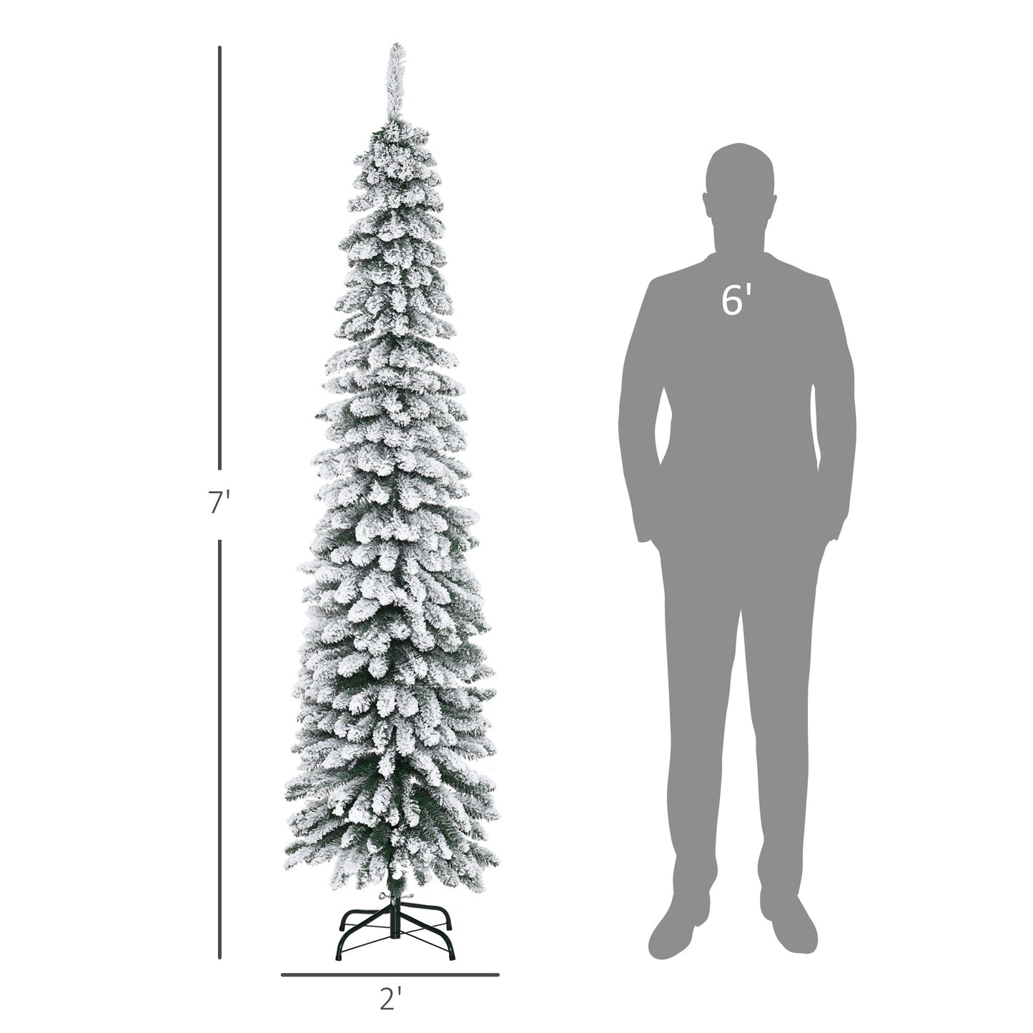 HOMCOM 6 Ft Snow-Flocked Artificial Christmas Tree, Slim Pencil Xmas Tree with Realistic Branches, Metal Base, Green