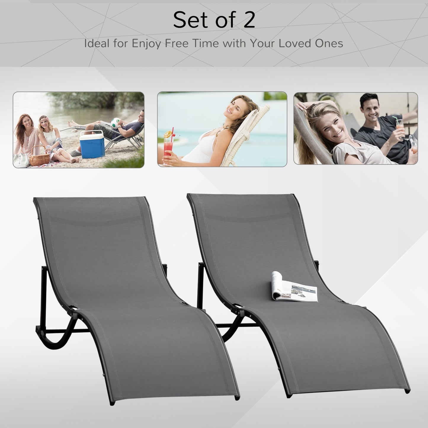 Outsunny Pool Chaise Lounge Chairs Set of 2, S-shaped Foldable Outdoor Chaise Lounge Chair Reclining for Patio Beach Garden With 264lbs Weight Capacity, Black