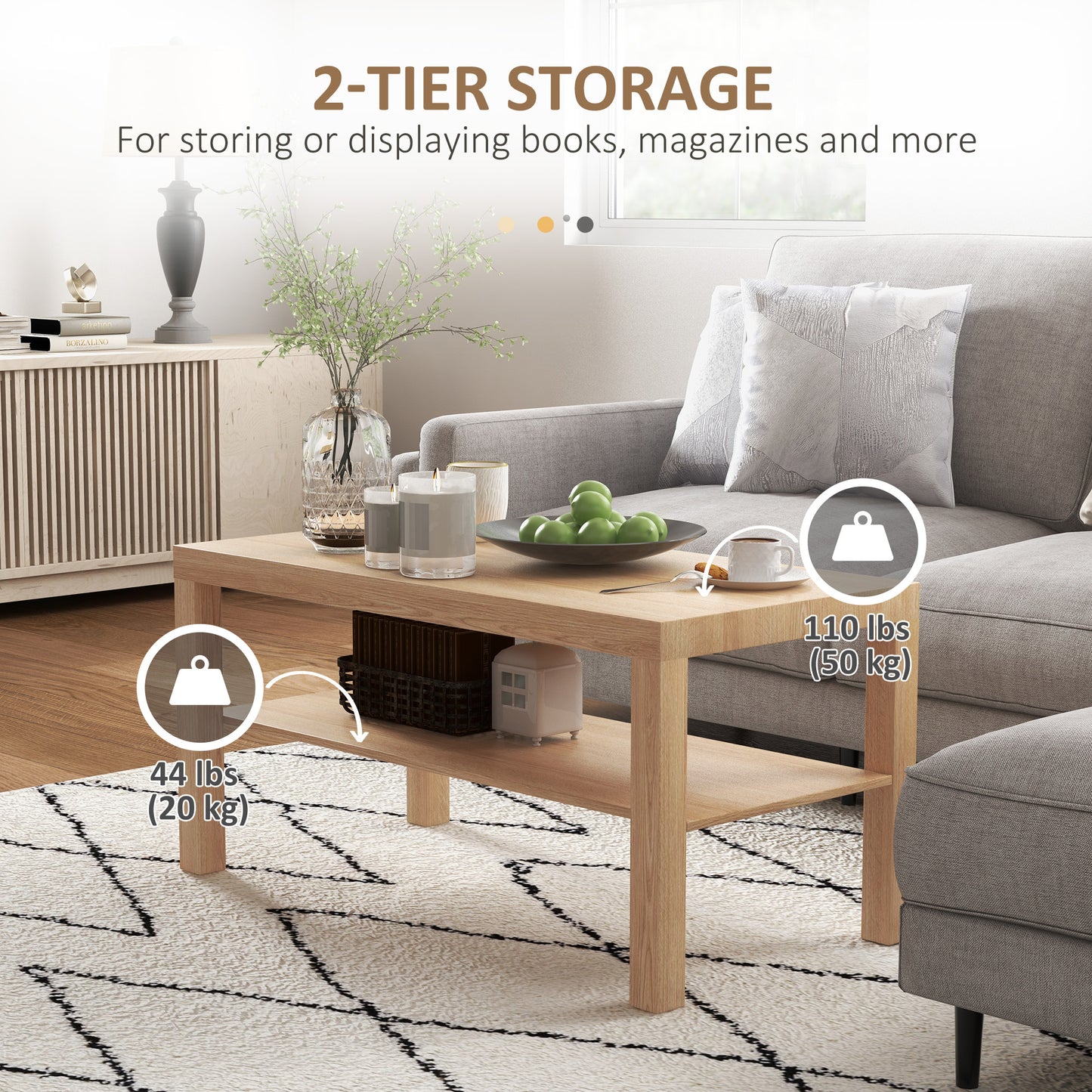 HOMCOM 2 Tier Coffee Table with Storage Shelf, Rectangular Center Table for Living Room, Home Office Furniture Walnut
