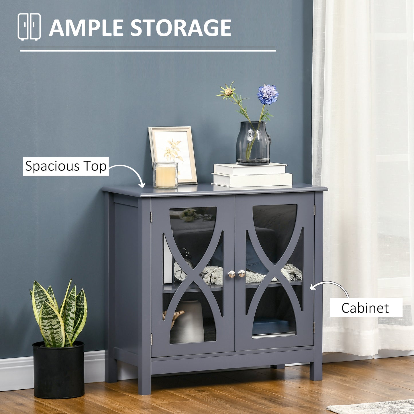 HOMCOM Kitchen Sideboard, Glass Door Buffet Cabinet, Bathroom Storage Cabinet with Adjustable Storage Shelf for Dining Room, Living Room, White