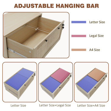 Vinsetto 2-Drawer Filing Cabinet with Lock, Rattan File Cabinet with Adjustable Hanging Bar, Natural