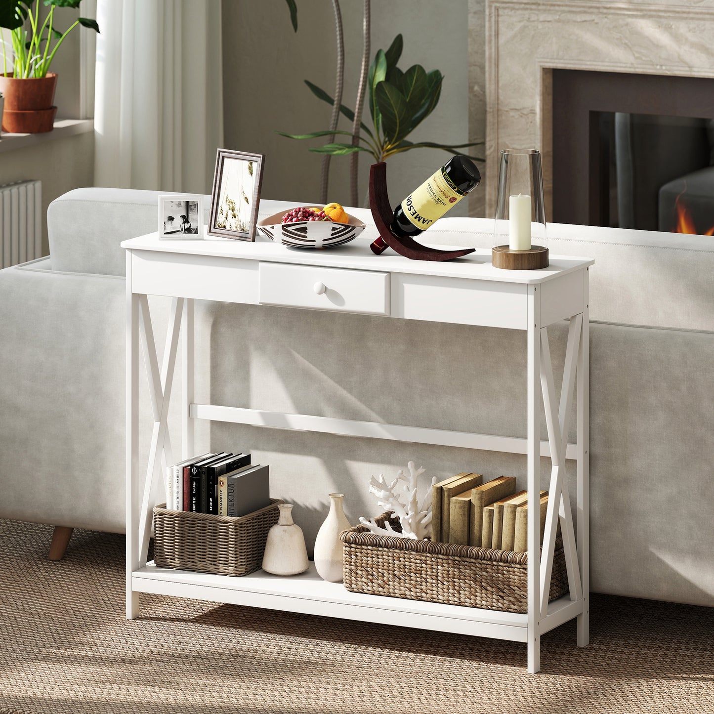 HOMCOM 39" Console Table, 2 Tier X-Design Narrow Entryway Table with Drawer and Storage Shelf for Behind Couch, Living Room, Hallway, White