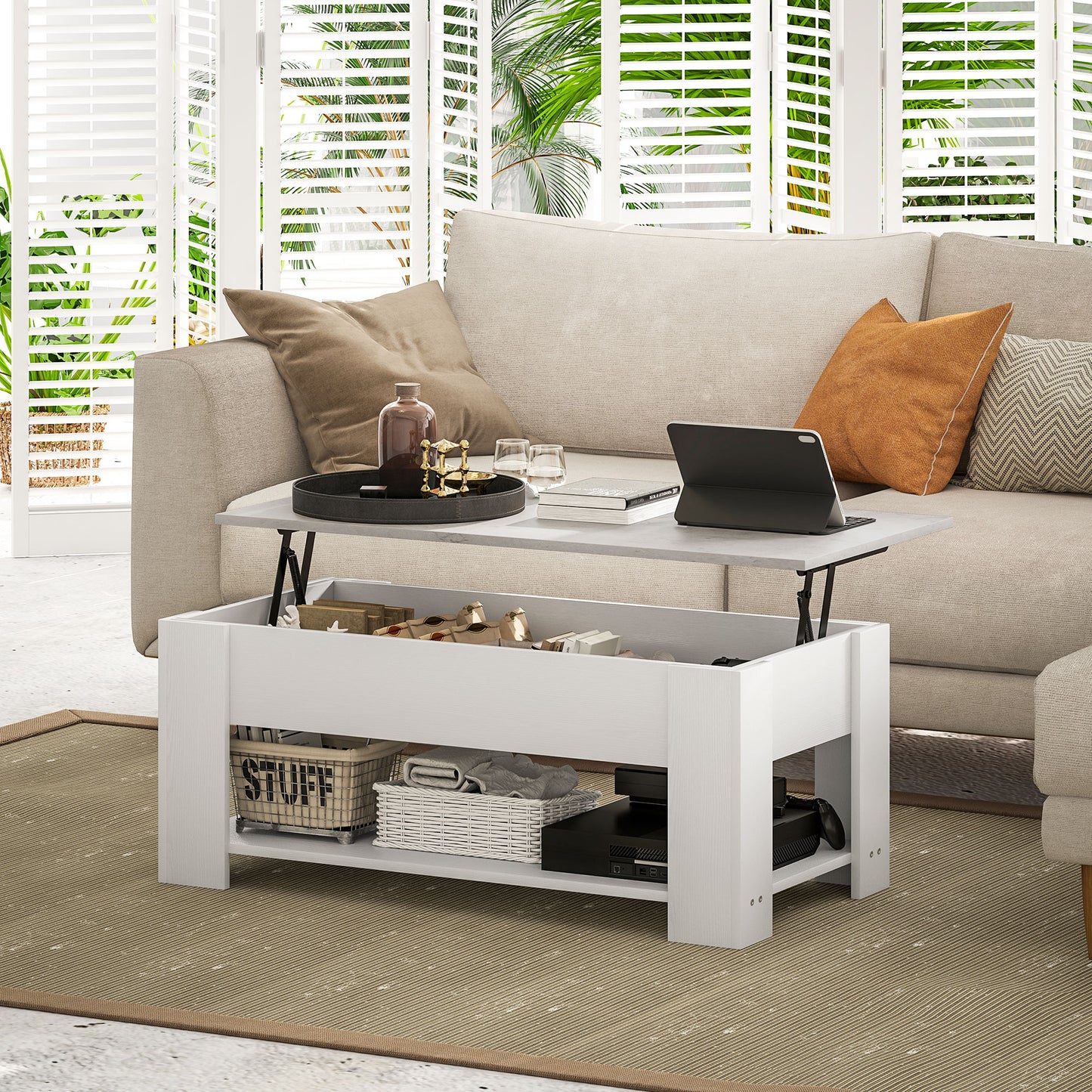 HOMCOM Lift Top Coffee Table with Hidden Storage Compartment and Open Shelf, Center Table for Living Room, Grey